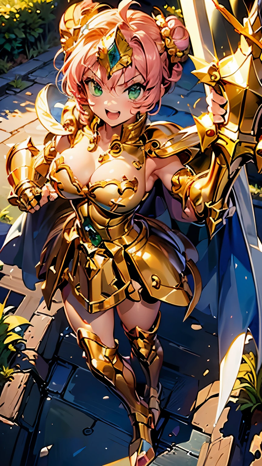 best quality, (masterpiece:1.3), absurdres, highres,16k, ultra high res, official art, illustration,extremely detailed, 1girl, solo, full body, 20yo, 
delicate lines tailed face,(top knot bun :1.5), (parted bangs:1.2), 
(beautiful pink hair:1.2), (shiny hair:1.2), (beautiful green eyes:1.2), (shiny eyes:1.2), (), (gleaming skin:1.4),
looking at viewer, simple background, (from below), in castle,
standing, (dynamic pose), serious with open mouth,
(brave lady), (fantasy), (armor, sword, shield, crown, boots, cape:1.5)