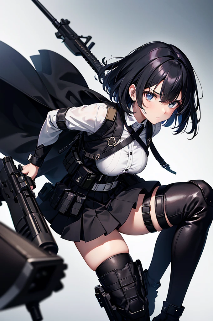 The character in the image is a young woman depicted in an anime art style. Here is her detailed physical description:

- **Hair**: She has short black hair cut in a bob, falling slightly above her shoulders, with bangs framing her face.
- **Face**: Her face is thin and expressive, with wide, determined dark-colored eyes.
- **Outfit**: She is wearing a long-sleeved white shirt and a black pleated skirt of a  style. Over it, she has a light brown tactical military vest with several pockets, which seems suitable for combat.
- **Accessories**: She wears beige fingerless gloves and black knee-high boots.
- **Weapon**: She is equipped with a black assault rifle, which she holds firmly in a firing position, ready for use.
- **Posture**: She is in a crouching position, one leg extended forward and the other bent, giving an impression of dynamic movement and readiness for combat.

The overall character combines elements of a  and military gear, highlighting a contrast between innocence and combat readiness.