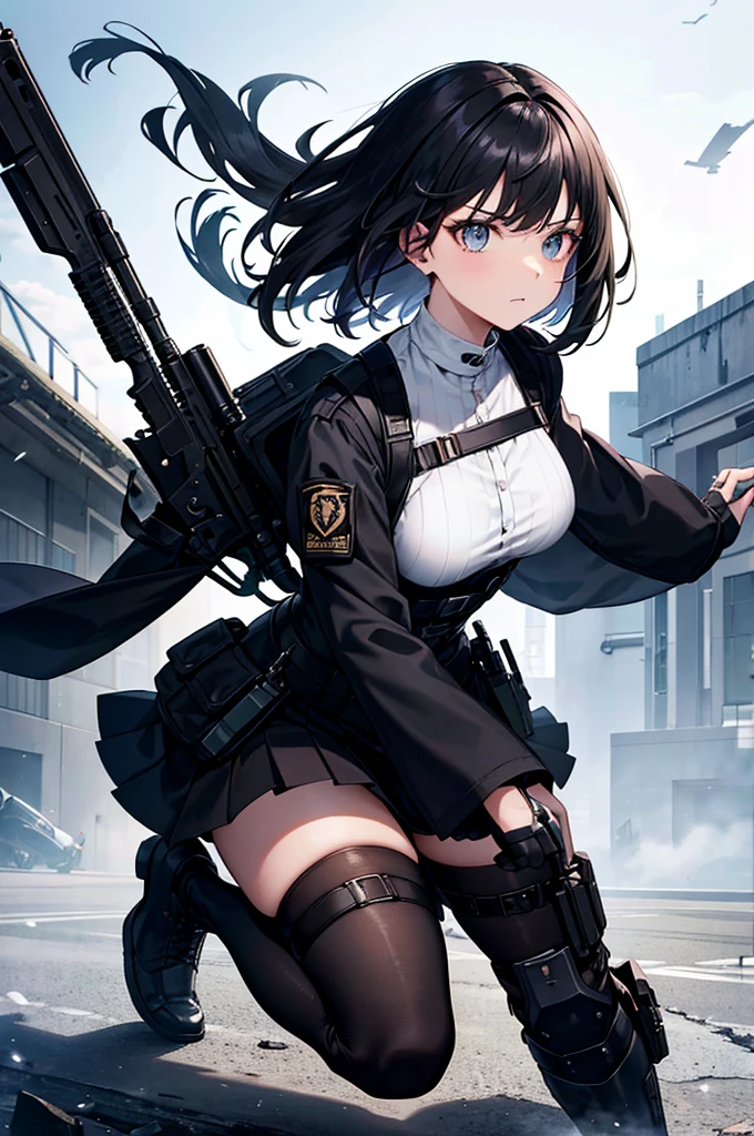 absurdres, RAW photo, extremely delicate and beautiful, masterpiece, Best Quality, ultra high resolution, 32k, hyperrealistic, ultra-detailed, perfect figure, in her 20s, very small head, very small face, delicate facial features, tearful mole, earring, very huge breasts, bare legs, full body shot, medium hair, black hair, colored inner hair, victorian maid, tactical gear, tactical vest, high cut military helmet, night vision googles, holding H&K hk416,