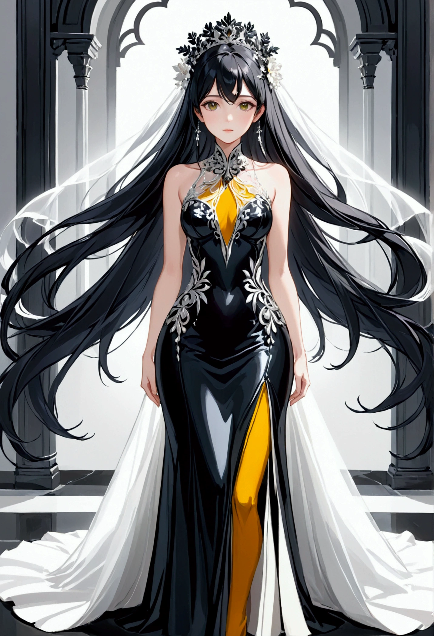Mature Girl with long black hair with silver highlight, dark onyx eyes,tall rectangular body figure, elegant dress.
