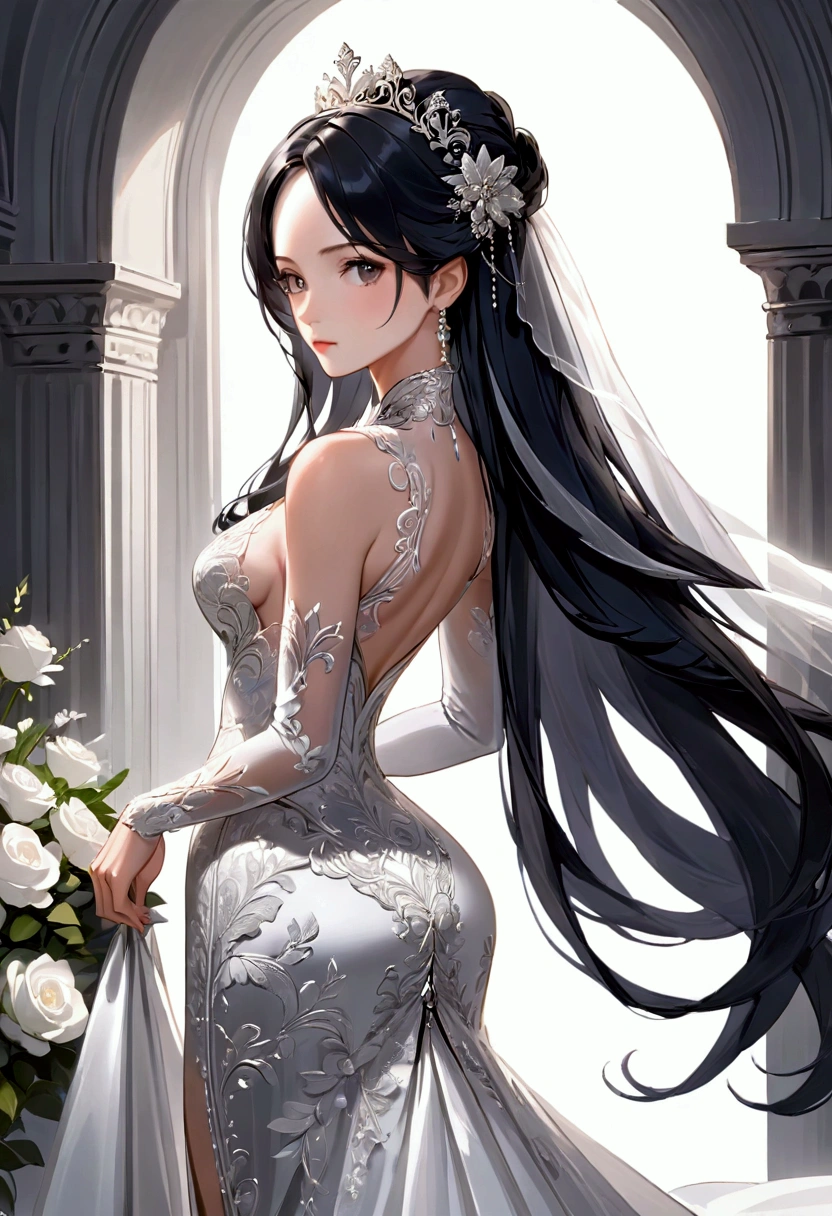 Mature Girl with long black hair with silver highlight, dark onyx eyes,tall rectangular body figure, wedding dress