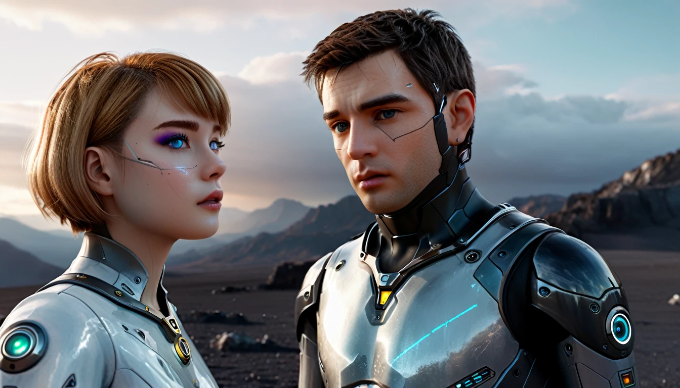 highest quality、masterpiece、ultra high resolution、(real:1.4)、Beautiful man and woman AI、Beautiful details of eyes and skin、light brown short cut hair、perfect space suit、spaceship、macrocosm、Remains、rocky mountain、cloudy sky, ai doctor checking holographic monitor, spaceship medical bay