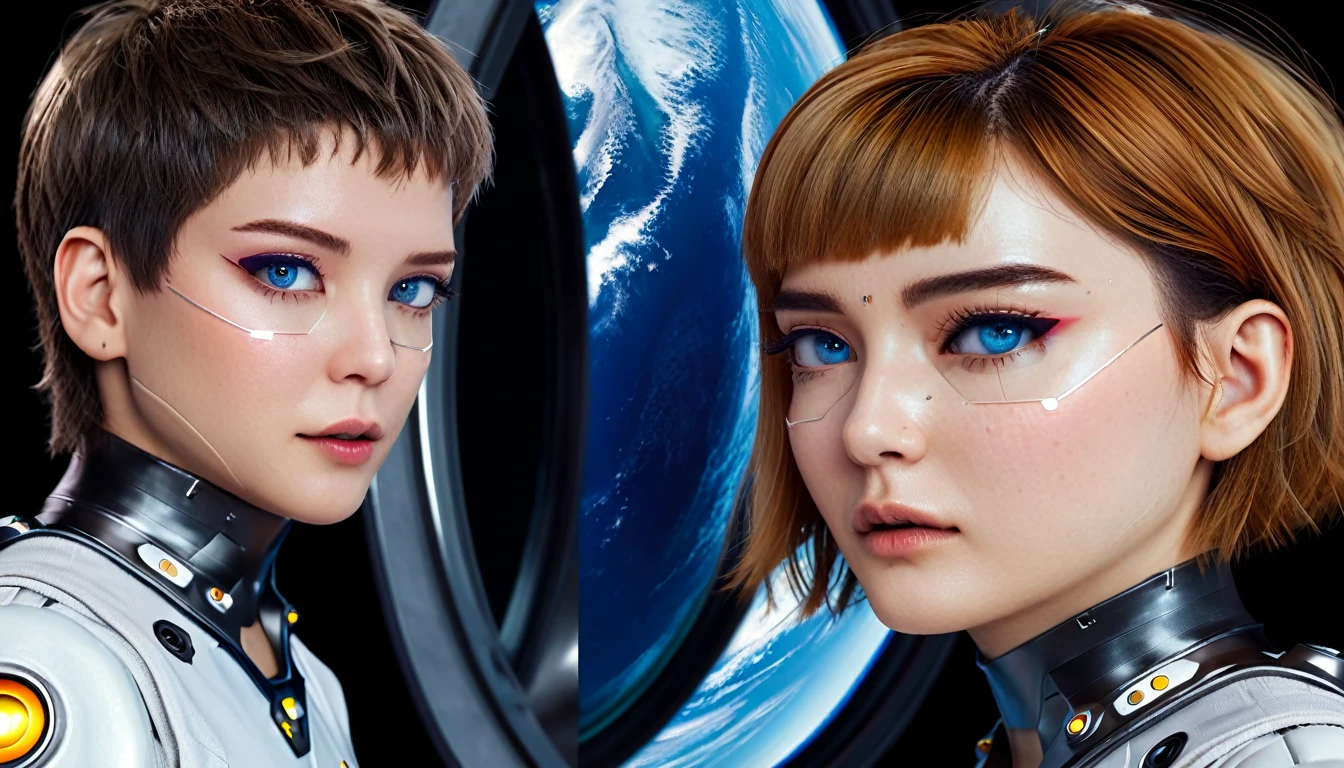 highest quality、masterpiece、ultra high resolution、(real:1.4)、Beautiful man and woman AI、Beautiful details of eyes and skin、light brown short cut hair、perfect space suit、spaceship、macrocosm、Remains、rocky mountain、cloudy sky, ai doctor checking holographic monitor, spaceship medical bay