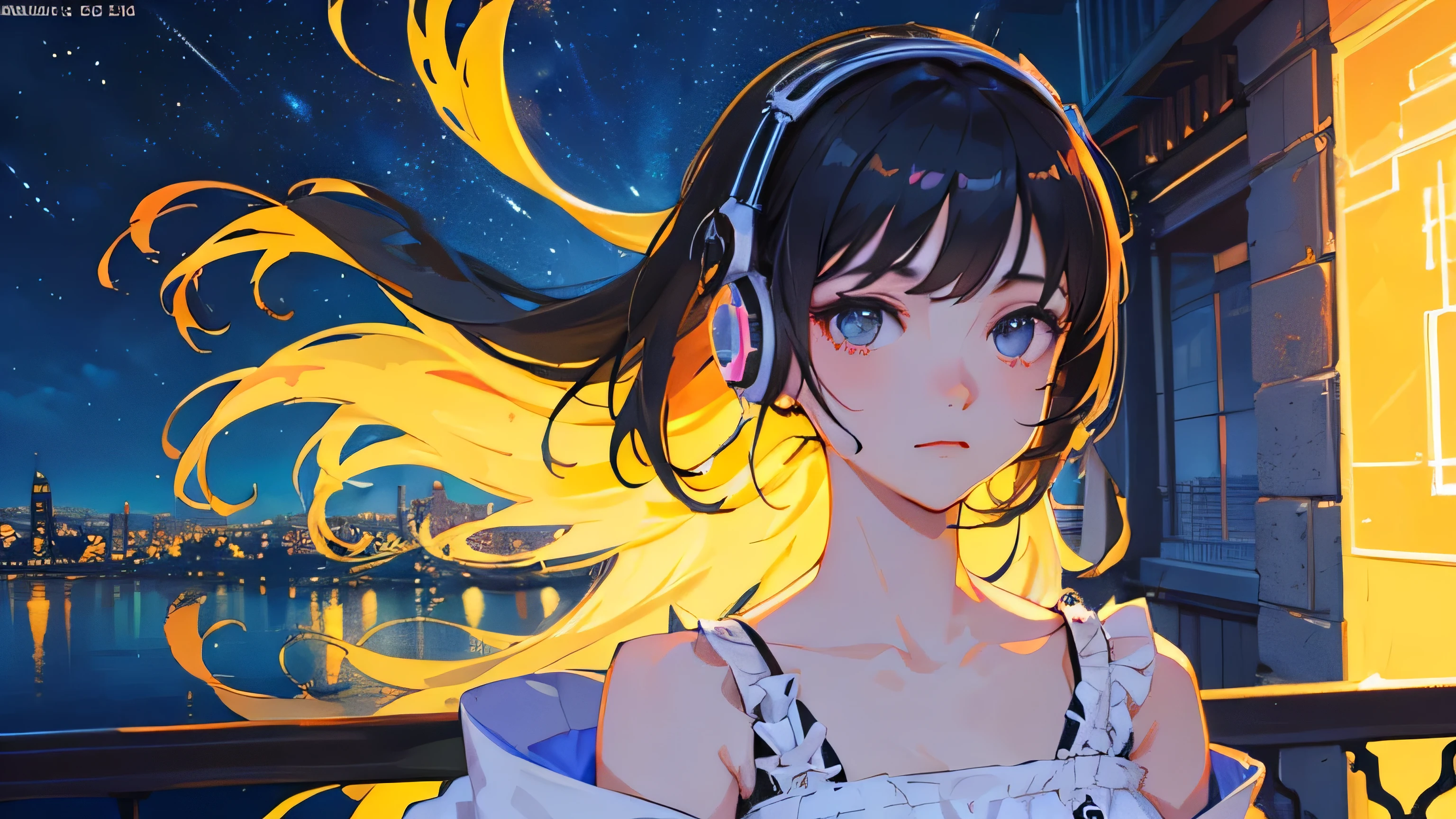 Absurd, High resolution, (Official Art, beautifully、aesthetic:1.2), Close-up, Bright Sky, A vast world, girl, Hair blowing in the wind, Wear headphones, stare, Awe-inspiring expressions, Night Cafe, Starry Sky, neon, Natural Beauty, Inspiration, Light effects,