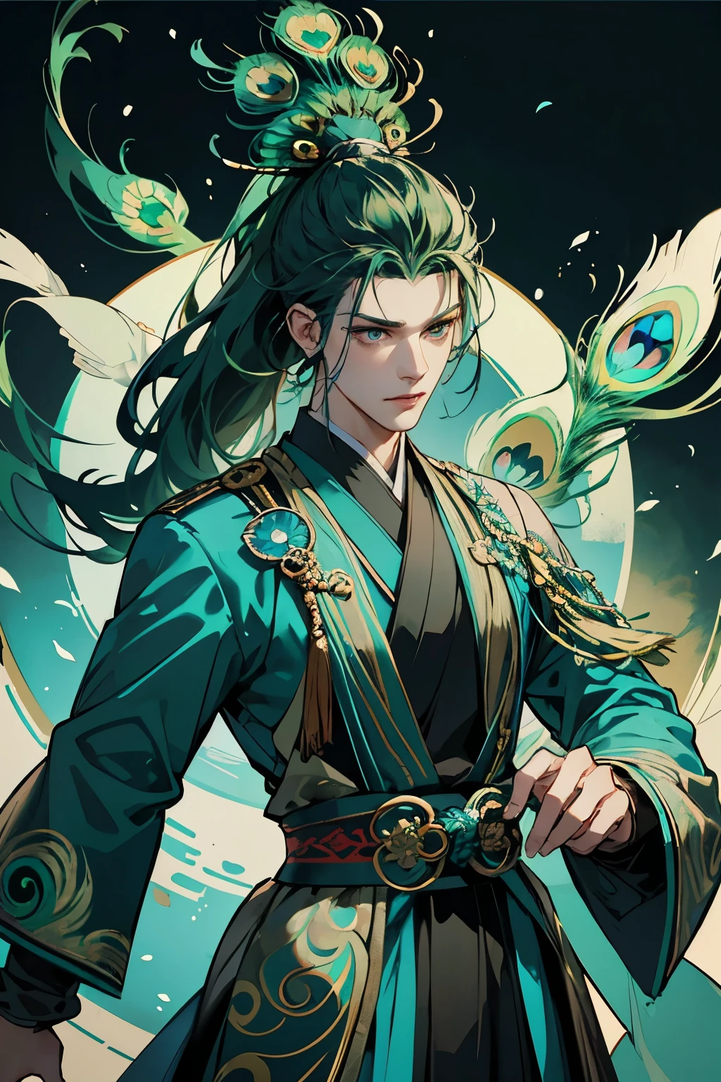 of a guy，((There are peacock feathers on the head))，Green hair，（Draped with hair），Green-blue clothes，forest backgrou，（Very delicate face），1人, mtu, Peacock style, Ancient Chinese hairstyle, Black eyes, Handsome, Handsome, Masculine, Tall,Silver armor，((Peacock feather pattern))，Court，，The proportions are correct，（Very detailed faces），swordsmen，（With a weapon in his hand），ancient Chinese style mythology，High ponytail hairstyle，Neck details，（Flying peacock feathers），clothes details，high-necked，（Game quality），Light and shadow tracking，Ray traching，detailed glow，cg render，hair detail，Blue long hair，blue colored eyes，（Handsome），Handsome，（juvenile sense），Intricate clothing patterns，Perfectcomposition，Refinement，（high qulity），higher details，Lots of details，The background is complex，Tiangong atmosphere