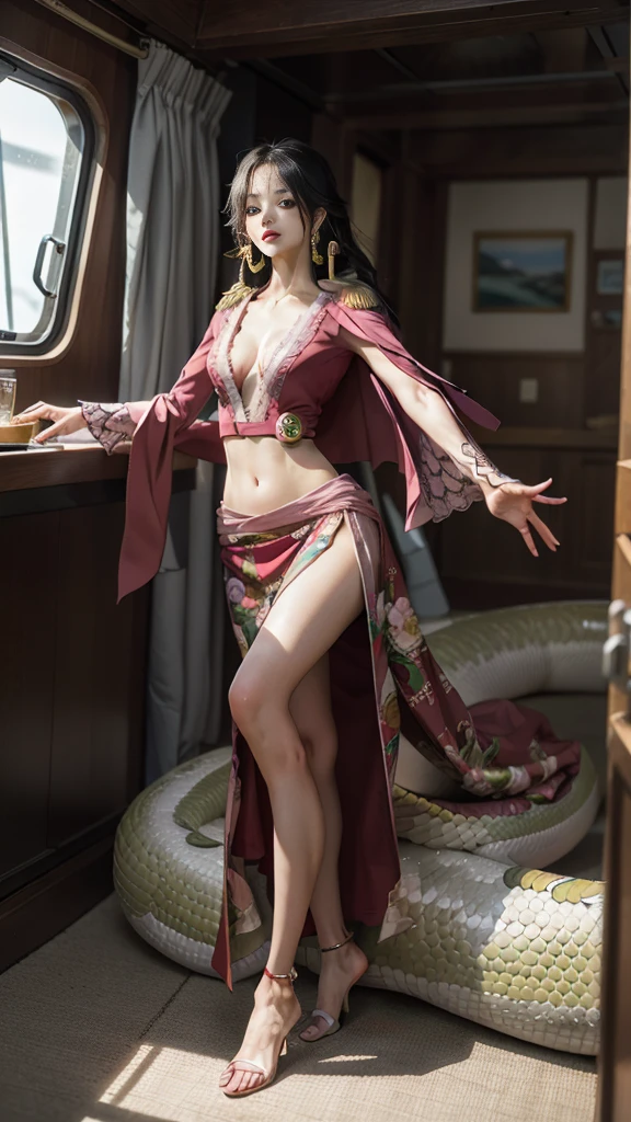Moisturized skin, (Pink and bright eyes), (Looking down on people), Perfect body,
BREAK,
(Beautiful navel), (Side slit), (Epaulets), Cape, Crop top, Cloak,
BREAK,
(Super long hair), (Large gold and curved earrings: 1.2),
BREAK,
(((Masterpiece + Best quality + High resolution + Very detailed))), (Full body: 1.2), Symmetrical, One shot,
BREAK,
(On the ship: 1.3),
BREAK,
(ONE PIECE), (Hashimoto Kanna: 1.4), (Boa Hancock: 1.3), ((Large snake)),