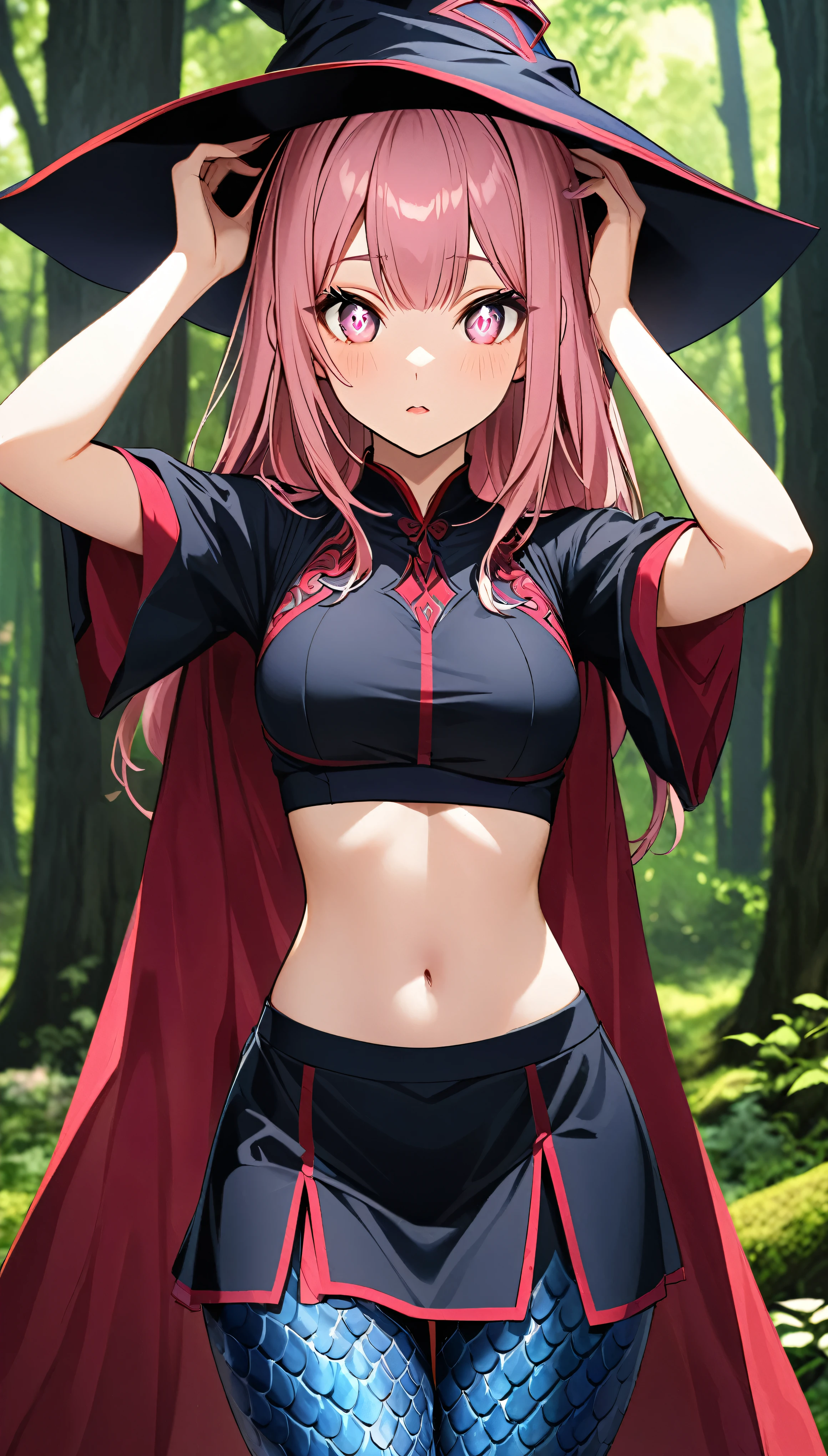 Dark blue Dragon fins on the sides of her head, blue dragon scales on random parts of her body, Anime girl, shoulder length pink hair, her eyes are black with glowing pink rings around her pupils, wearing a black and red wizard hat, an ornate black crop top, black and red cloth wraps around her arms up to the elbow, an ornate black and red skirt that’s open in the center, black patterned leggings up to the knee, her thighs are exposed her skin is a pale blue, and her expression should be one of surprise or curiosity. The background should be a forest setting with green trees and a natural ambiance, making the image suitable for an iPhone wallpaper