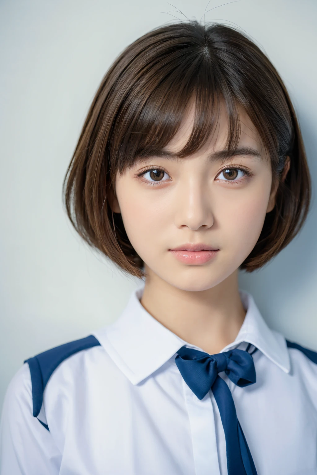 ((Highest quality, 8k, masterpiece :1.3)), 1 girl, (short hair,Photographed in front of a white wall :1.2)、whole body、super Detailed face, Beautiful Eyes,(Highly realistic photos, High resolution, Detailed face, Beautiful Eyes)、Japanese women, 18-year-old, A variety of expressions, alone:1, Various Hair Styles, Only one person in the photo、uniform、Don't look at the camera、profile、Dark brown hair color, Skin Texture,Real human skin, Cute smile、classroom