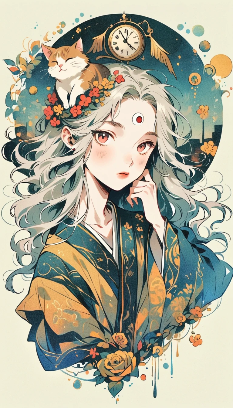 White background, Fujichoco Style, Black and gold kimono, (((The most beautiful boy))),  White hair, Shining Student,The third eye on the forehead， ((big clock, Cat)), Bright colors, White background, Simple background, whole body, Simple Line Acronym,