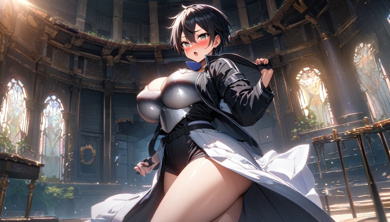 Kirito, Gun Gale Online Black Swordsman Outfit Overturned Jacket Black Shirt Silver Breastplate, blush, Super huge big breasts breast enlargement 紫色眼睛 一個人站在科幻都市 blush 微笑 一個人站都市 看著鏡頭 full-body shot 長髮 插图, ultra-detailed, HDR, vibrant colors, soft lighting