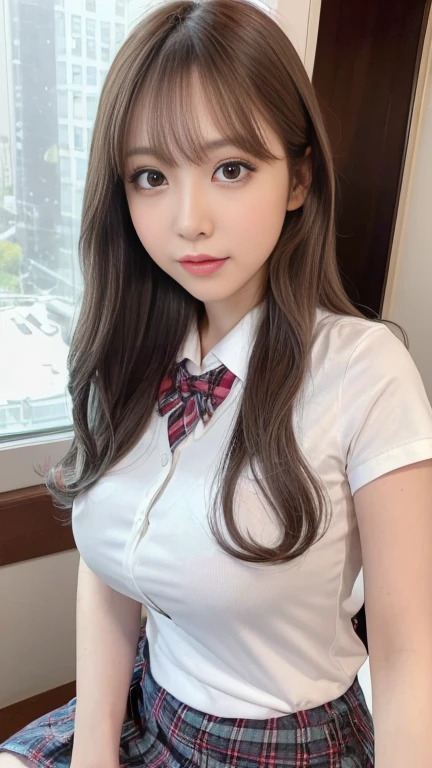 realistic high quality, 8k, photorealistic, masterpiece, hyper detailed, intricate details, dramatic dynamic composition, beautiful and detailed face, big eyes, long eyelashes, natural color lips, bold sexy pose, 1 girl, 1 man, sitting, spread legs, fingering from behind, breast grab from behind, cowboy shot, 18 yo, , large breasts, blond hair, medium long hair, hair between eyes, straight hair, grey eyes, tareme eyes, closed eyes, heavy breathing, frown, half open mouth, wavy mouth, sweat, blush, , white collared shirt, plain pattern shirt, short sleeves, shirt tucked in, red plain pattern narrow neck ribbon, button gap, black and grey plaid pattern skirt, pleated skirt, miniskirt, white lace panties, pussy juice stain, classroom
Open clothes, smile