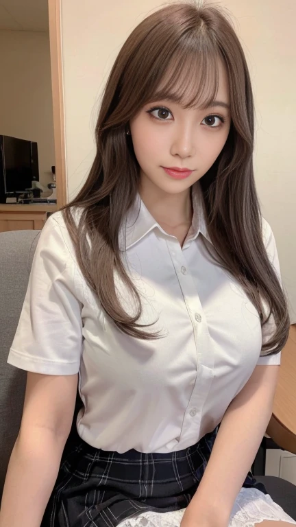 realistic high quality, 8k, photorealistic, masterpiece, hyper detailed, intricate details, dramatic dynamic composition, beautiful and detailed face, big eyes, long eyelashes, natural color lips, bold sexy pose, 1 girl, 1 man, sitting, spread legs, fingering from behind, breast grab from behind, cowboy shot, 18 yo, , large breasts, blond hair, medium long hair, hair between eyes, straight hair, grey eyes, tareme eyes, closed eyes, heavy breathing, frown, half open mouth, wavy mouth, sweat, blush, , white collared shirt, plain pattern shirt, short sleeves, shirt tucked in, red plain pattern narrow neck ribbon, button gap, black and grey plaid pattern skirt, pleated skirt, miniskirt, white lace panties, pussy juice stain, classroom
Open clothes, smile