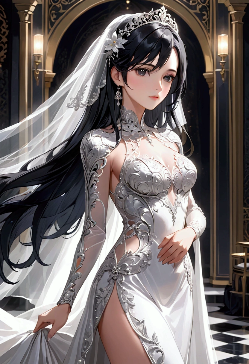 (Raw photo:1.2), (realistic:1.4),(intricate details:1.2),(masterpiece:1.3),(highest quality:1.4), (ultra high resolution:1.2), cinema light, ultra high resolution,(fine eyes),(detailed facial features),(Detailed clothing characteristics), (1 girl:1.3), See through, HDR, 8K resolution, looking at the viewer, (bangs:1.1), Perfect for your skin, (shiny skin),(slender girl),dream-like,((white lace dress)), tight waist, soaking wet, wet clothes, wet hair, water droplets, translucent, (extreme detailed diagram), small 胸, straight hair, long hair, black hair, black eyes, 1 girl, cute, innocent, (smile), slender body
