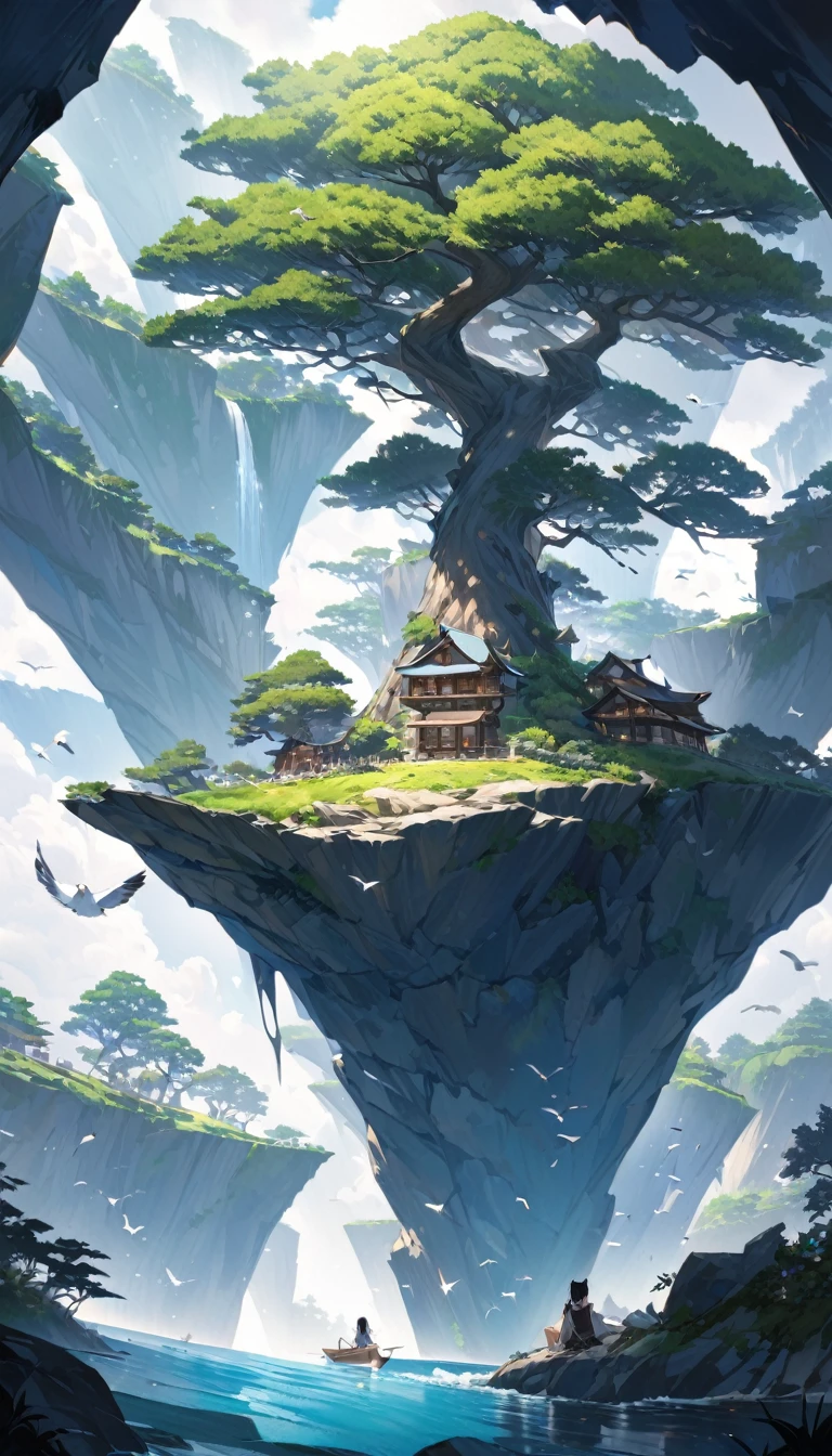 青く澄んだ空と巨大な白い雲が広がるUltra-realisticな背景の中、A girl sits on the edge of a cliff、Gazing into the distance。On the cliff there is a tree and a small house、The photo depicts people enjoying a relaxing time in nature.。Below, the calm sea spreads out、Some boats float。The clouds are big and fluffy、It looks like a white canvas in the sky。A few birds、Flying in the sky、It exudes a natural and peaceful atmosphere.、The girl sits on the edge of a cliff、Gazing into the distance。
There is a big tree and a small house on the cliff.。
Below is the clear blue sea.、Some boats float。
There are huge white clouds in the sky。
Some birds are flying in the sky。
Greenery grows on the sides of the cliffs、The beauty of nature is emphasized。Paintings inspired by Makoto Shinkai, Beautiful anime scenery、Ultra-realistic, Anime movie background, Pixiv Topics、Her hair is fluttering in the wind、背景は本物みたいなUltra-realistic