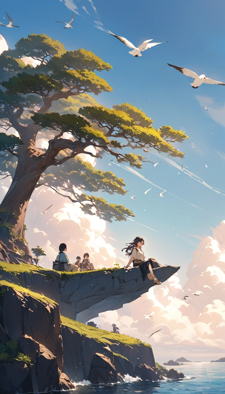 青く澄んだ空と巨大な白い雲が広がるUltra-realisticな背景の中、A girl sits on the edge of a cliff、Gazing into the distance。On the cliff there is a tree and a small house、The photo depicts people enjoying a relaxing time in nature.。Below, the calm sea spreads out、Some boats float。The clouds are big and fluffy、It looks like a white canvas in the sky。A few birds、Flying in the sky、It exudes a natural and peaceful atmosphere.、The girl sits on the edge of a cliff、Gazing into the distance。
There is a big tree and a small house on the cliff.。
Below is the clear blue sea.、Some boats float。
There are huge white clouds in the sky。
Some birds are flying in the sky。
Greenery grows on the sides of the cliffs、The beauty of nature is emphasized。Paintings inspired by Makoto Shinkai, Beautiful anime scenery、Ultra-realistic, Anime movie background, Pixiv Topics、Her hair is fluttering in the wind、背景は本物みたいなUltra-realistic