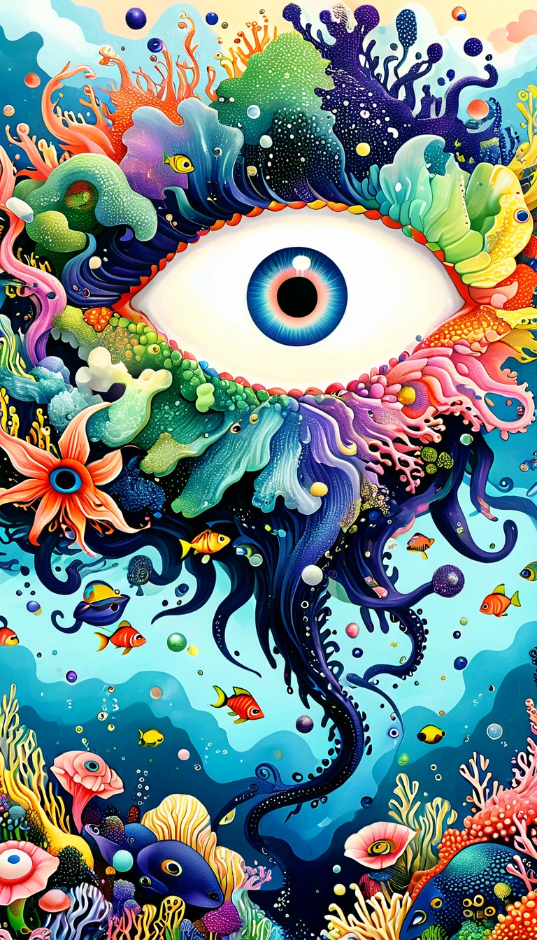 Eyeball World,Broto art style,Strong visual fusion of multiple elements,来自Star的艺术家,Autistic artist,Colorful black,Dopamine color scheme,house、(((Eyes-petal pupil)))、pearl珠帘、Plerogyra sinuosa、Soft coral、pearl、Coral Reef、Star、cloud、Schools of colorful fish、Spore powder、Tentacles,Describing the inner world of autistic people,密集Pointillism method。Smooth lines。interesting,Strange illustration。Pointillism method。Strong contrast。Award-winning works。