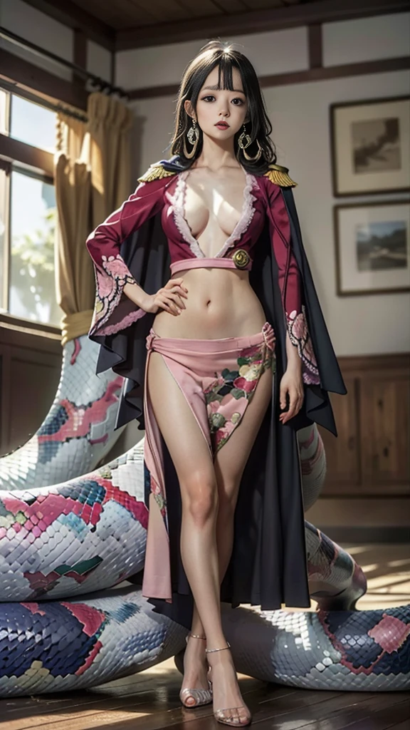 Moisturized skin, (Pink and bright eyes), (Looking down on people), Perfect body,
BREAK,
(Beautiful navel), (Side slit), (Epaulets), Cape, Crop top, Cloak,
BREAK,
(Super long hair), (Large gold and curved earrings: 1.2),
BREAK,
(((Masterpiece + Best quality + High resolution + Very detailed))), (Full body: 1.2), Symmetrical, One shot,
BREAK,
(On the ship: 1.3),
BREAK,
(ONE PIECE), (Hashimoto Kanna: 1.4), (Boa Hancock: 1.3), ((Large snake)),