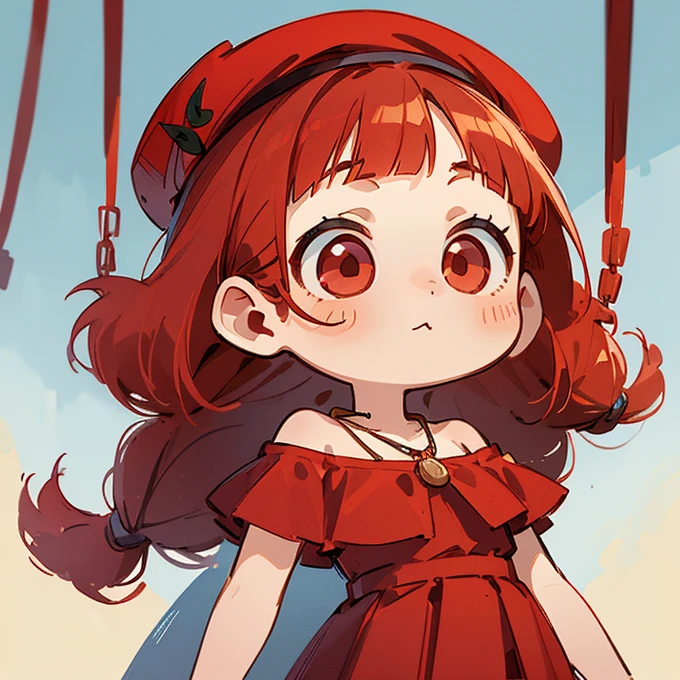 (masterpiece, Highest quality:1.2), (2 head body chibi character:1.1), One Girl, Red Hair, Braided Hair, Top of the head, Red eyes, Hanging eyes, Chili pepper hair ornament, Red beret, Beige off-shoulder blouse, Red pleated skirt, Short bangs, Round necklace, Cute atmosphere, Surprised face, (Photo studio with blue background:1.0)