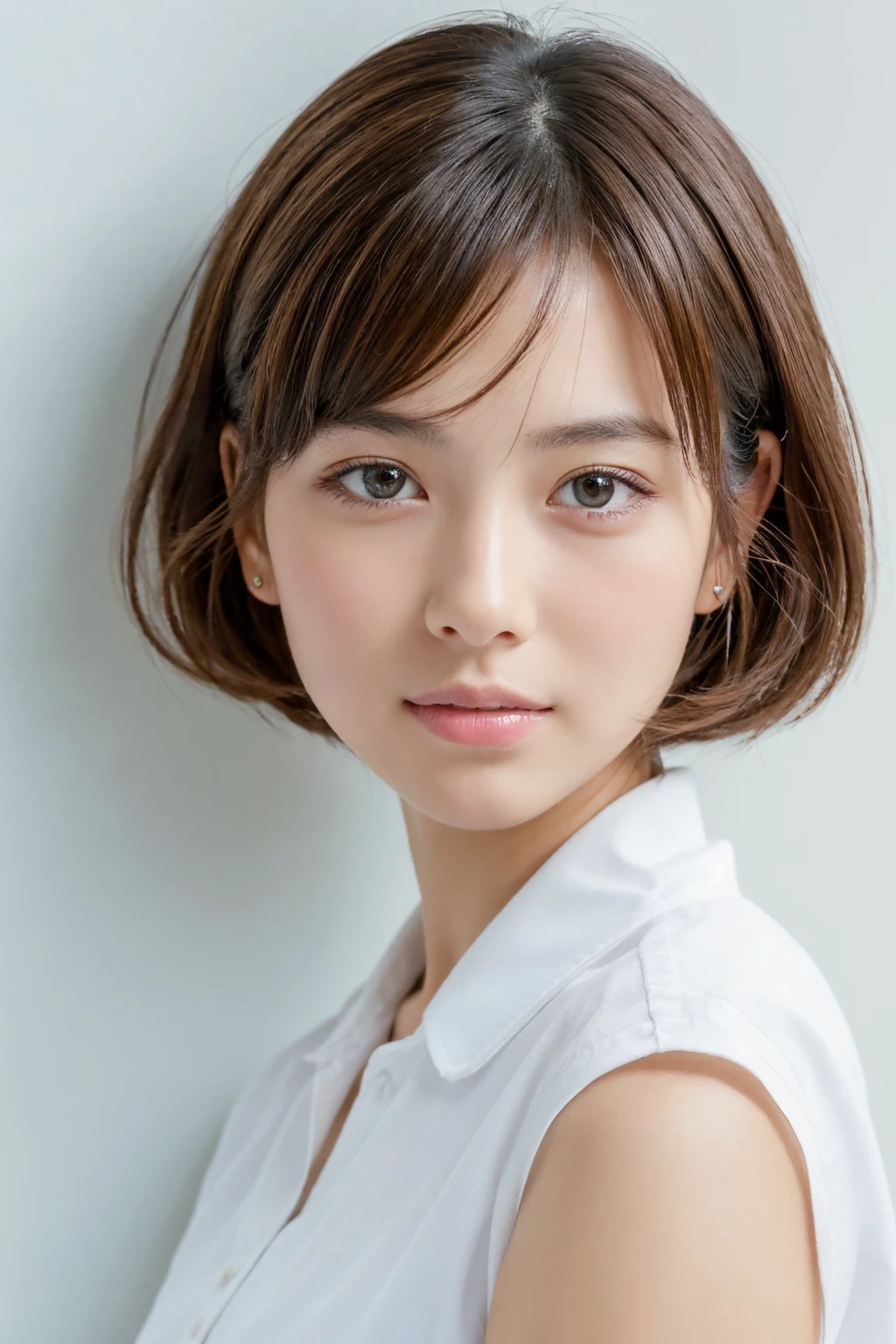 ((Highest quality, 8k, masterpiece :1.3)), 1 girl, (short hair,Photographed in front of a white wall :1.2)、whole body、super Detailed face, Beautiful Eyes,(Highly realistic photos, High resolution, Detailed face, Beautiful Eyes)、Japanese women, 18-year-old, A variety of expressions, alone:1, Various Hair Styles, Only one person in the photo、uniform、Don't look at the camera、profile、Dark brown hair color, Skin Texture,Real human skin, Cute smile、classroom