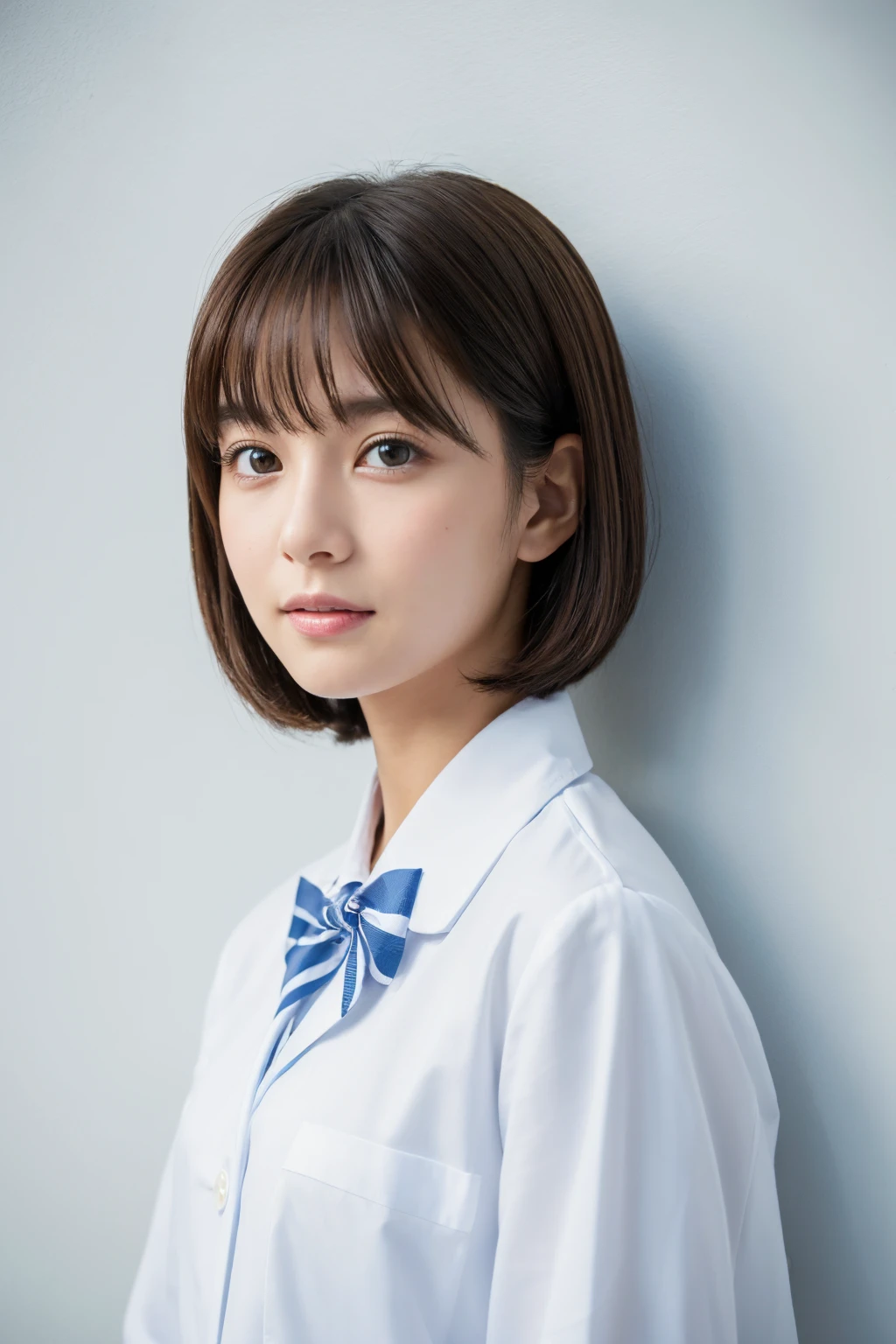 ((Highest quality, 8k, masterpiece :1.3)), 1 girl, (short hair,Photographed in front of a white wall :1.2)、whole body、super Detailed face, Beautiful Eyes,(Highly realistic photos, High resolution, Detailed face, Beautiful Eyes)、Japanese women, 18-year-old, A variety of expressions, alone:1, Various Hair Styles, Only one person in the photo、uniform、Don't look at the camera、profile、Dark brown hair color, Skin Texture,Real human skin, Cute smile、classroom