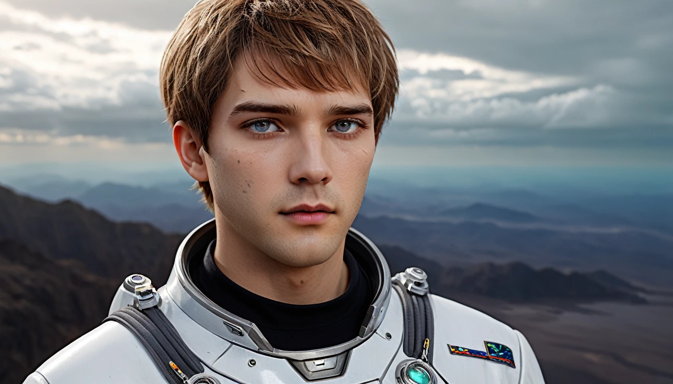 highest quality、masterpiece、ultra high resolution、(real:1.4)、Beautiful man AI、Beautiful details of eyes and skin、light brown short cut hair、perfect space suit、spaceship、macrocosm、Remains、rocky mountain、cloudy sky、ai doctor、holographic monitor、spaceship medical bay