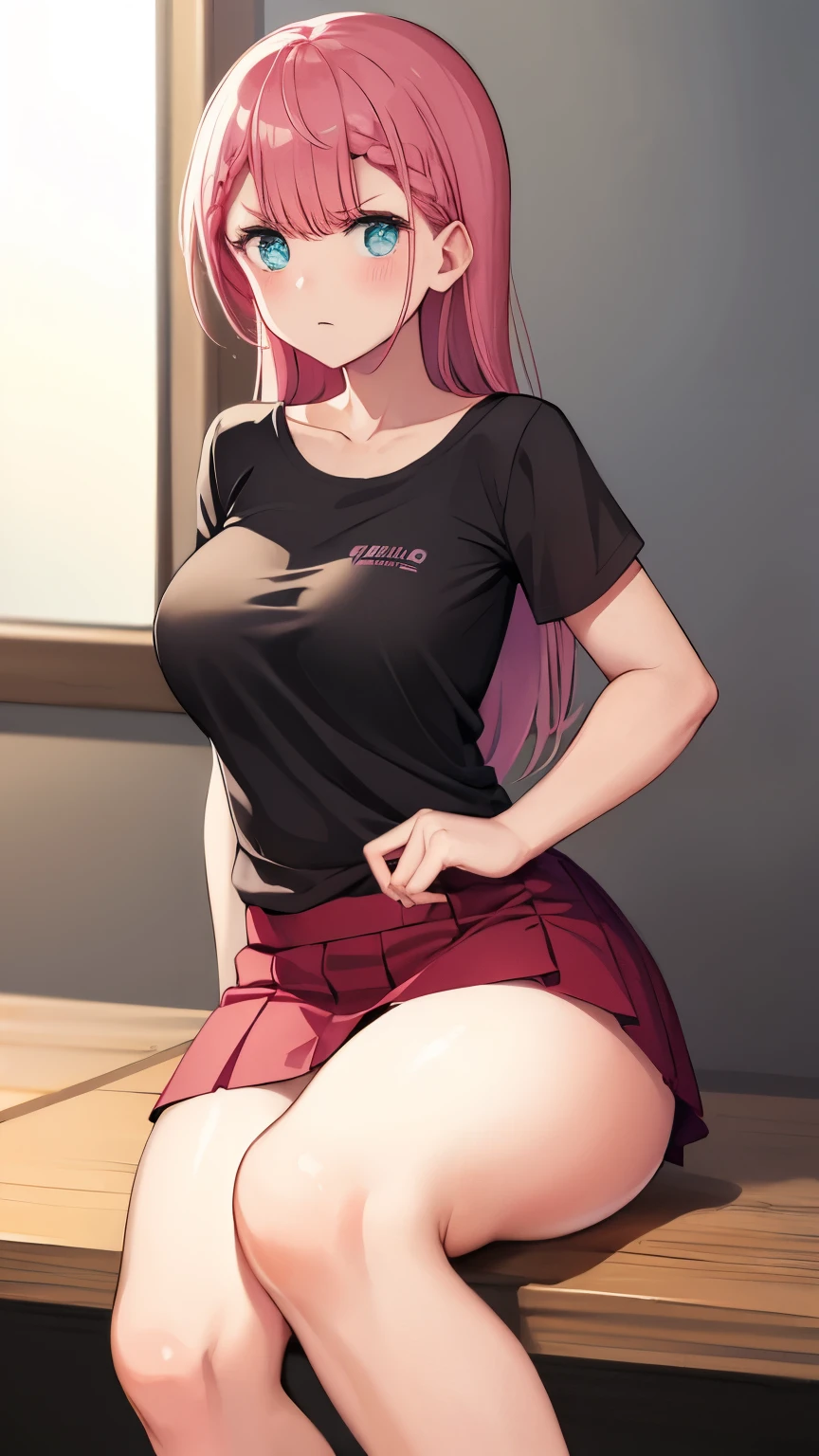 mafuyu kirusu sitting in bench, black t-shirt, sexy body and curves, black thighs, visible shoulder, blur crystal eyes, blue eyes, braid, long hair, twin braids, pink hair, short skirt, BREAK looking at viewer, BREAK indoors, classroom, BREAK (masterpiece:1.2), best quality, high resolution, unity 8k wallpaper, (illustration:0.8), (beautiful detailed eyes:1.6), extremely detailed face, perfect lighting, extremely detailed CG, (perfect hands, perfect anatomy), angry face, seducing face, short t-shirt, visible hip and waist, black long socks, visible shoulder, visible bra straps
