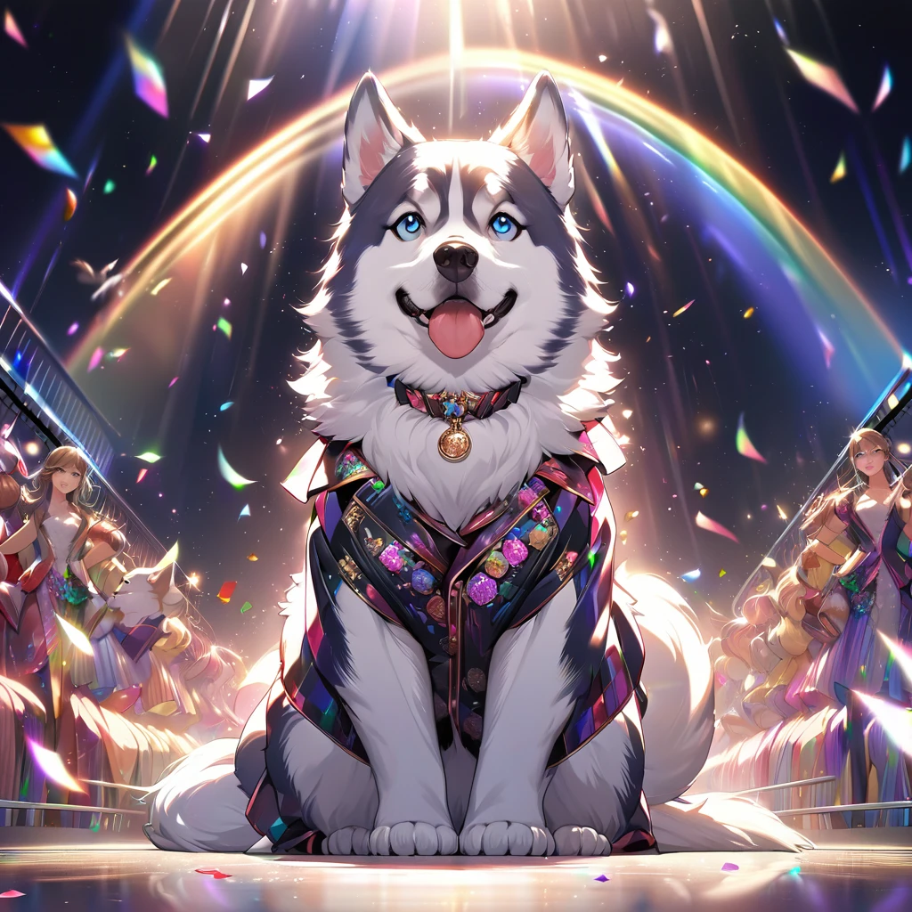 Highest quality, Highest quality, 16K, Unbelievably absurd, Very detailed, delicate and dynamic, Detailed Description, , Particles reflect light, Diffuse reflection of light, Vortex of Light, A lot of rainbow confetti falls, Spotlight, Catwalk, night, fashion show, illumination, Create amazing image effects, Close-up, (A Siberian Husky dog, Dog fashion model,, , Luxury dog suit, Chic suit,)