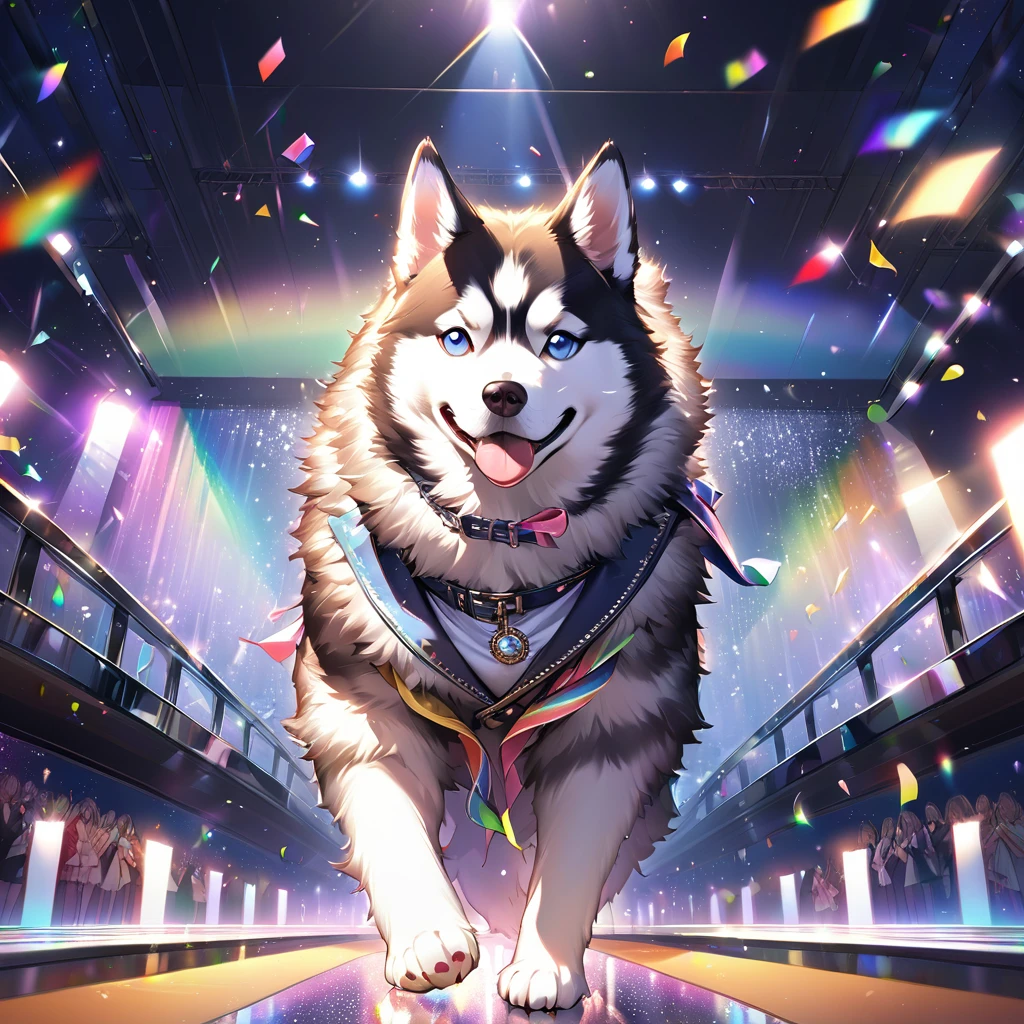 Highest quality, Highest quality, 16K, Unbelievably absurd, Very detailed, delicate and dynamic, Detailed Description, , Particles reflect light, Diffuse reflection of light, Vortex of Light, A lot of rainbow confetti falls, Spotlight, Catwalk, night, fashion show, illumination, Create amazing image effects, Close-up, (A Siberian Husky dog, Dog fashion model,, , Luxury dog suit, Chic suit,)