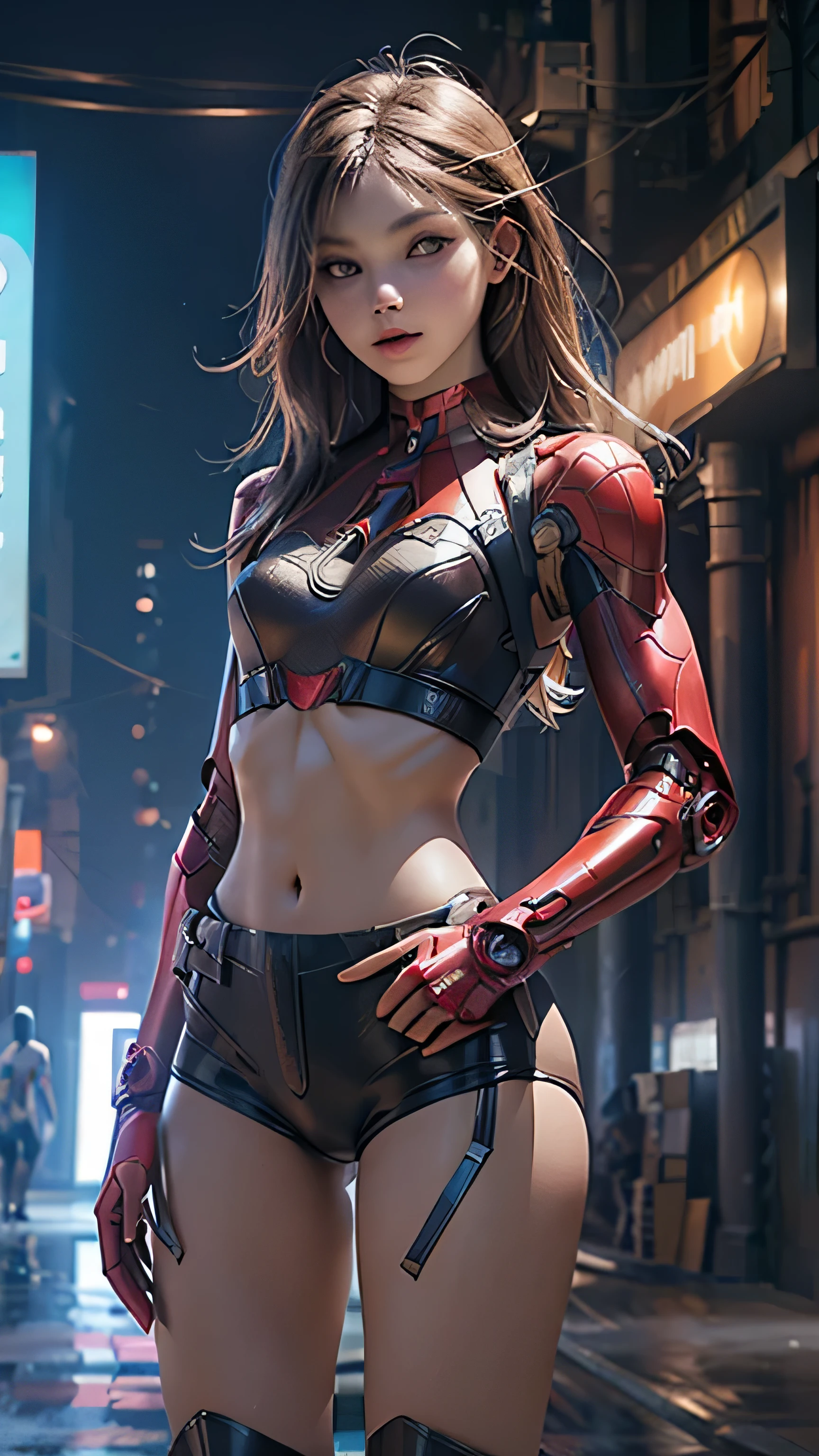 ((masterpiece, 8K, 3D, Realistic, Super Detail)), (1girl:1.3), slender 16 age, Ultra Micro photography, Lisa Blackpink Super realistic, Perfect face, 16K resolution, 4k resolution, The photo was taken from the Front, facing to the photographer, Foreground photo, dynamic lighting, posing on a pedestal, high-definition resolution, Beautiful features, ((Perfect female Model Slim body)) Beautiful features, Standing pose, ((small hip)), (((2 piece Hotpants-Bikini))), Sci-fi futuristic, ((Iron man armor)) ((bionic Fragmented Super Girl chest armor suit)), ((Exposed slim thighs)), wear mesh metal-stockings, ((slim thighs)), ((bionic Slim thighs Spider man armor)), Front Full body Shot, full body portrait, perfect legs, Iron Man shoes, futuristic city background