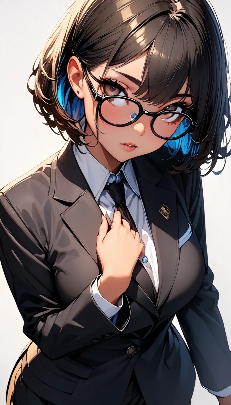 (highest quality:1.2, Very detailed, up to date, Vibrant, Ultra-high resolution, High Contrast, masterpiece:1.2, highest quality, Best aesthetics), Portraiture、girl、solo, ((25-years-old:1)), Bright colors、Beautiful fine details、Beautiful lip detail, short hair、black hair, ((Long bangs:1)), (messy hair:0.3), brown eyes, (thick black frame glasses:1.3), suit, looking up, ((slim body:0.6)), (big breast:0.7), (dark skin:0.5), (white background:1.5), ((no background:1)), ((cowboy shot:1.6)),f acing viewer