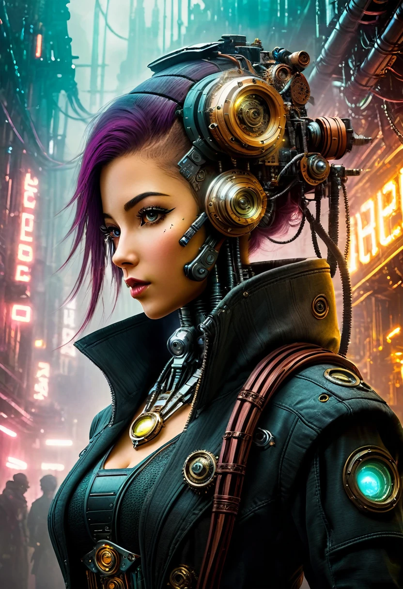 (((Cybernetic girl))) adorned with steampunk elements, blending seamlessly into a cyberpunk environment, (mysterious) and (dystopian) ambiance, (masterpiece) of digital art