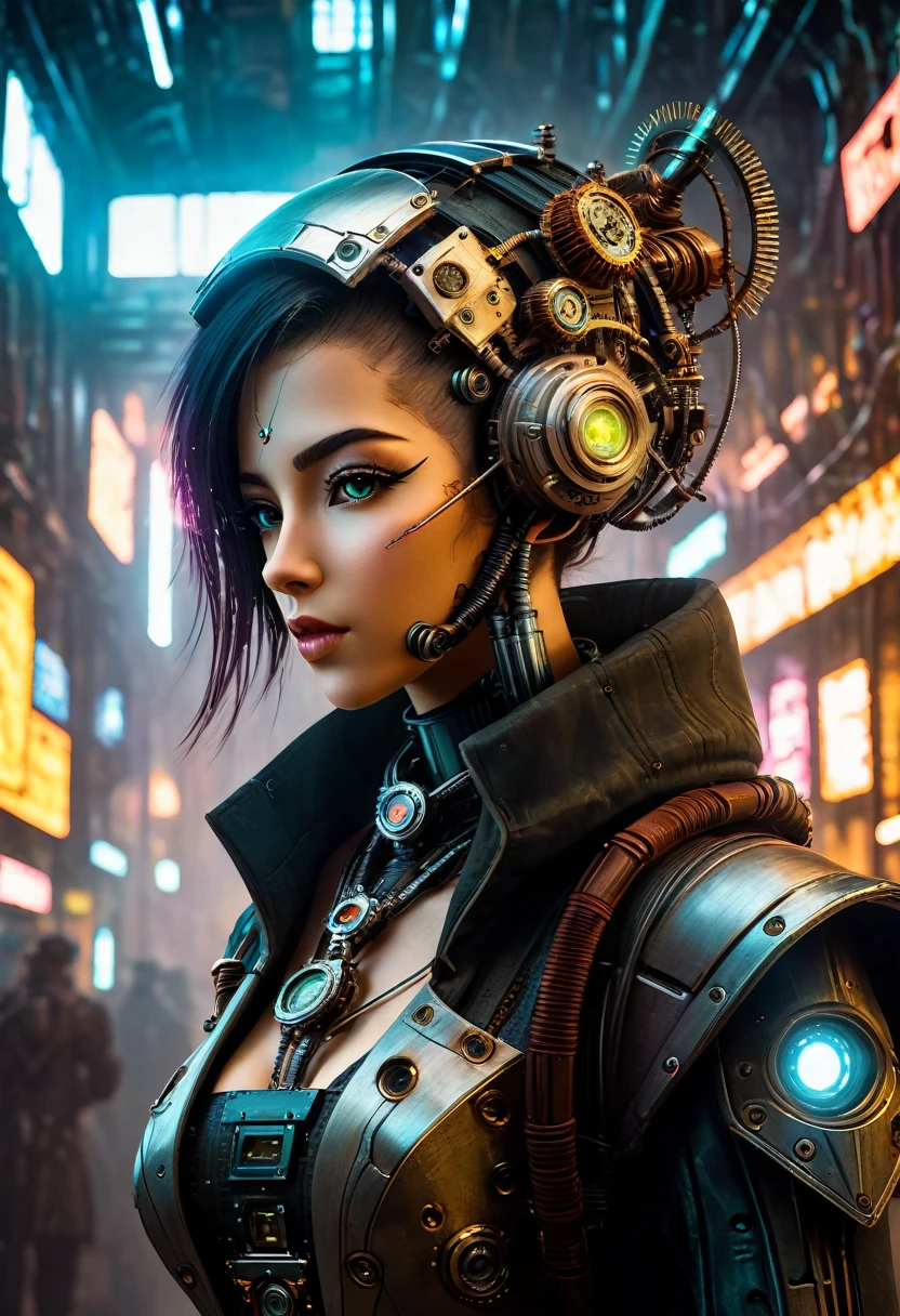 (((Cybernetic girl))) adorned with steampunk elements, blending seamlessly into a cyberpunk environment, (mysterious) and (dystopian) ambiance, (masterpiece) of digital art