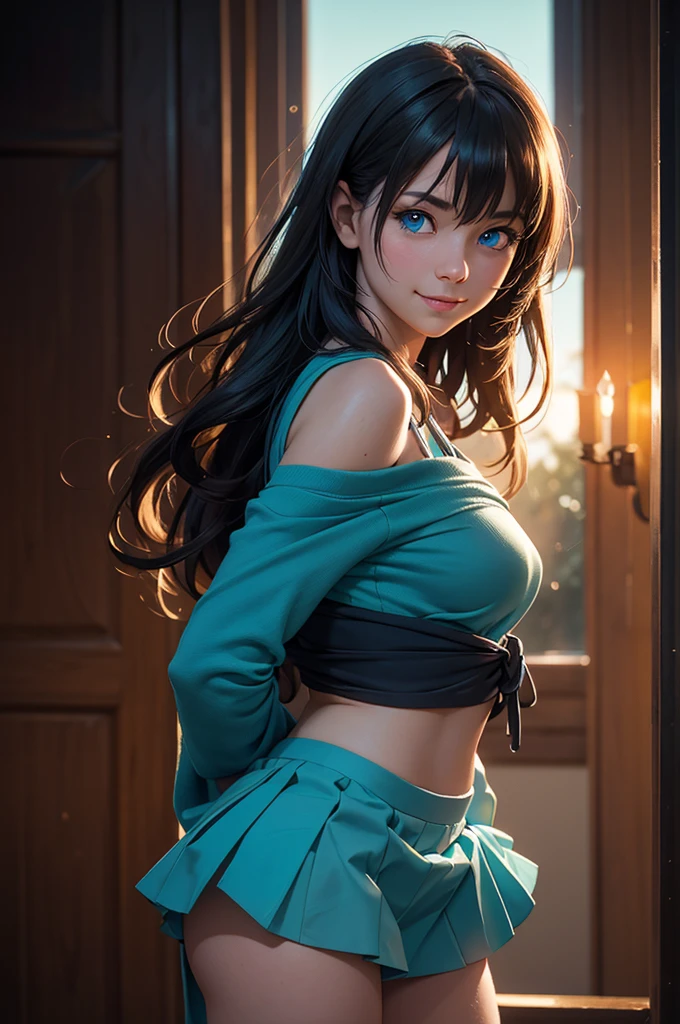(Realistic:1.5), (breathtaking), atmospheric perspective, diffusion, lifelike skin texture, DSLR, 80mm Sigma f2, depth of field, film grain, intricate natural lighting, gorgeous sexy woman, (adult:0.7), pleasure, (Aqua, Kono Suba style), blue eyes, light azure layered hair, full length photo, minuscule blue skirt hiding nothing, very small tight body top, perfect body, side-bottom view, detailed background, detailed face, (mysterious dark theme:1.1), smile, backlighting, magical atmosphere, looking to camera, hyperrealism, soft light, lucid colours, (sharp:1.2), (intricate details:1.1), hdr, bokeh