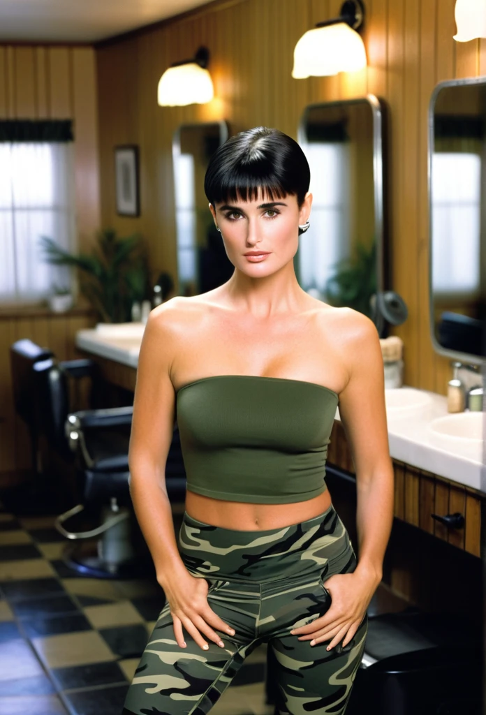 close-up of beautiful American, Demi Moore is a American actress and model, Jordan O'Neil is a female character G.I.Jane 1997 American action movie, age 24 years old girl, youthful face, v-line face, white skin body, perfect body, pixie cut, boy cut, standard black hair, bust size 36 inches, wearing a tight plain standard army green strapless tube top, wearing a tight camouflage leggings, O'Neil arrived at the male-only military barbershop, O'Neil then took the scissors on the barbershop table, then O'Neil cut his own hair short again using the scissors, strand by strand of O'Neil's hair fell, now O'Neil's hair pieces filled under the barbershop floor, ((O'Neil became aroused and strained his breasts when O'Neil cut his own hair again very sexy and seductive)), sexy looking pose, pose a naughty look, at the male-only military barbershop, male-only military barbershop background, UHD
