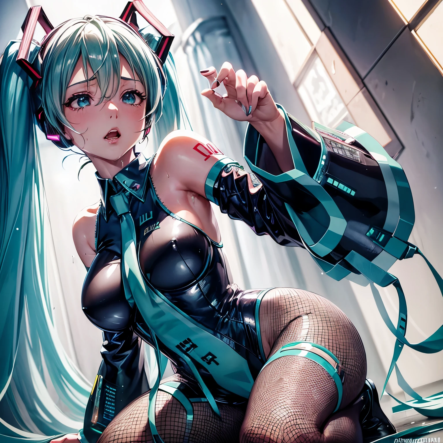 (((Hatsune Miku))), (silver hair), Jewel-like eyes, (drool)), armpits, shourglass body,1girl,solo focus,wide hips, big breasts,(toung out), (best quality), ultra-detailed, dark light, beautiful detailed glow,perfect female anatomy, beautiful face, detailed face,(sweat, steam), detailed eyes, high res, shiny_skin, parted lips, tired expression, ((moaning)), ((heavy breathing)), wet breasts,{best quality}, {very aesthetic}, {ultra-detailed}, {best illustration},extra huge breast,embarrassing,kneeling,classroom,from below,(ultra detailed fishnet bodysuit)