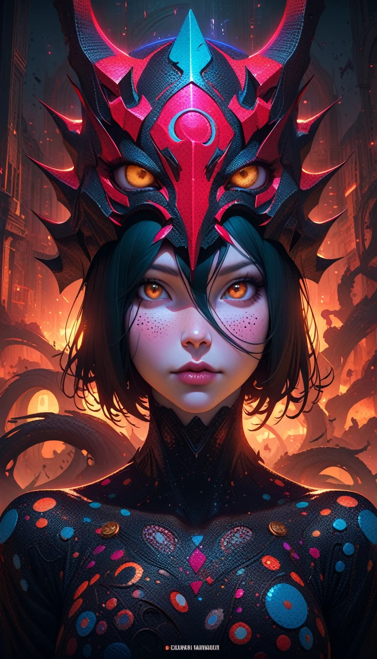 A closeup of a woman with a mask on her head, half human demon portrait, portrait of Demon girl, Demon girl, Stunning works of art, colorful illustration for tattoo, a beautiful art illustration, artistic illustration, symetry!! Portrait of Akuma, style by hydro74, Official illustration, by justin gerard, detailed face with mask, artgerm and james jean