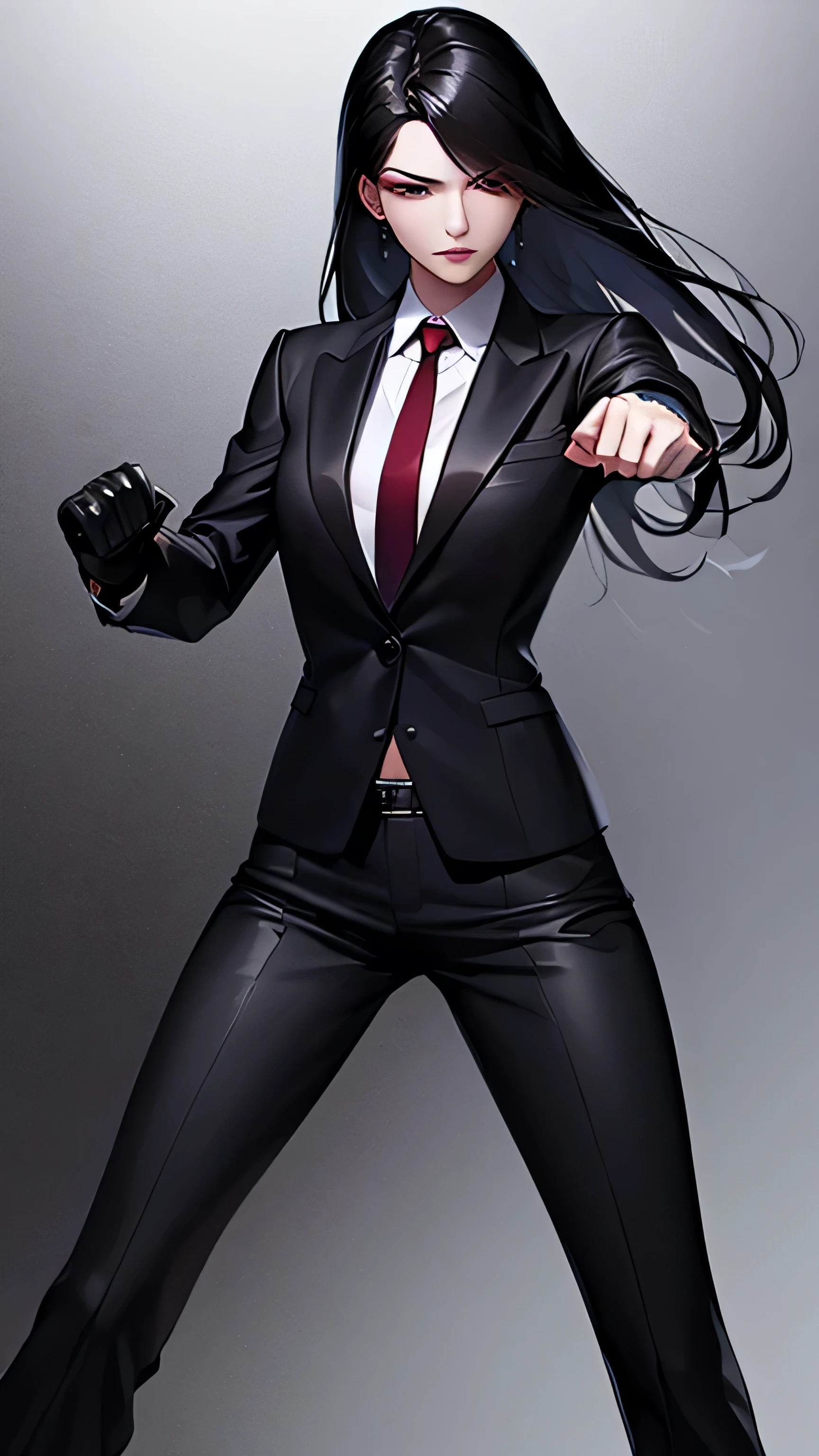 1 girl, 23 years old, long black hair, handsome face, business suit, red tie,long black pants, black leather gloves, boxing stance, punching,high quality, masterpiece