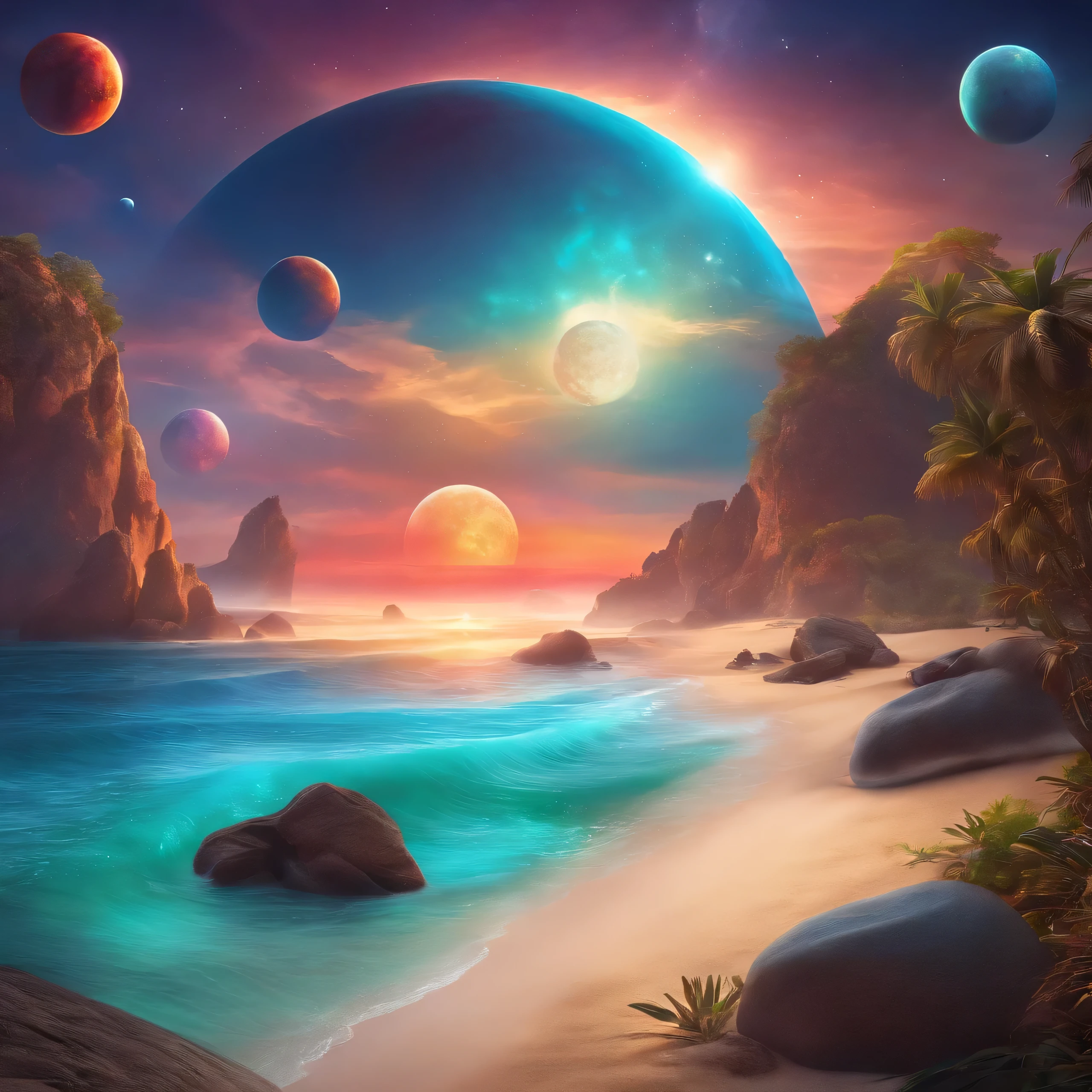Fantasy beach landscape with a couple of colourful planets