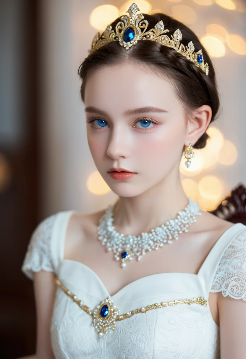 ((Bokeh:1.5)),((Soft focus:1.5)),, young queen, sitting on the majestic throne, highly detailed majestic throne, stunning beautiful young albino girl,, alabaster skin, very short brown hair,((Slicked back hair)),(head chain with jewelry stone),((viewed from side:1.2)), (looking at viewer:1.5), white royal dress, Beautiful blue eyes, soft expression, Depth and Dimension in the Pupils, She wears white delicate fractal pattern lace dress, , creating a sense of movement and depth. ,3d toon style
