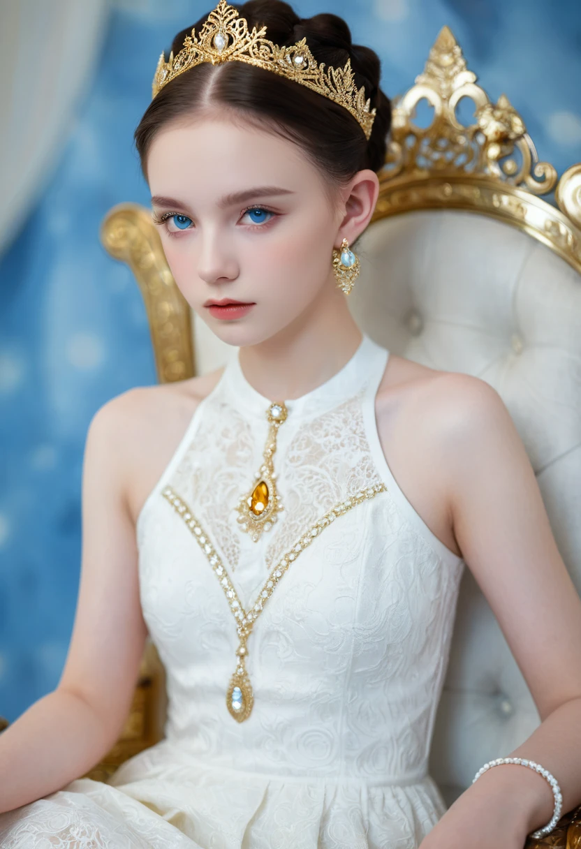 ((Bokeh:1.5)),((Soft focus:1.5)),, The Childlike queen, sitting on throne, highly detailed throne, stunning beautiful young albino girl,14 years old, alabaster skin, very short brown hair,((Slicked back hair)),(head chain with jewelry stone),((Forehead)), white royal dress, Beautiful blue eyes, soft expression, Depth and Dimension in the Pupils, She wears white delicate fractal pattern lace dress, , creating a sense of movement and depth. ,3d toon style