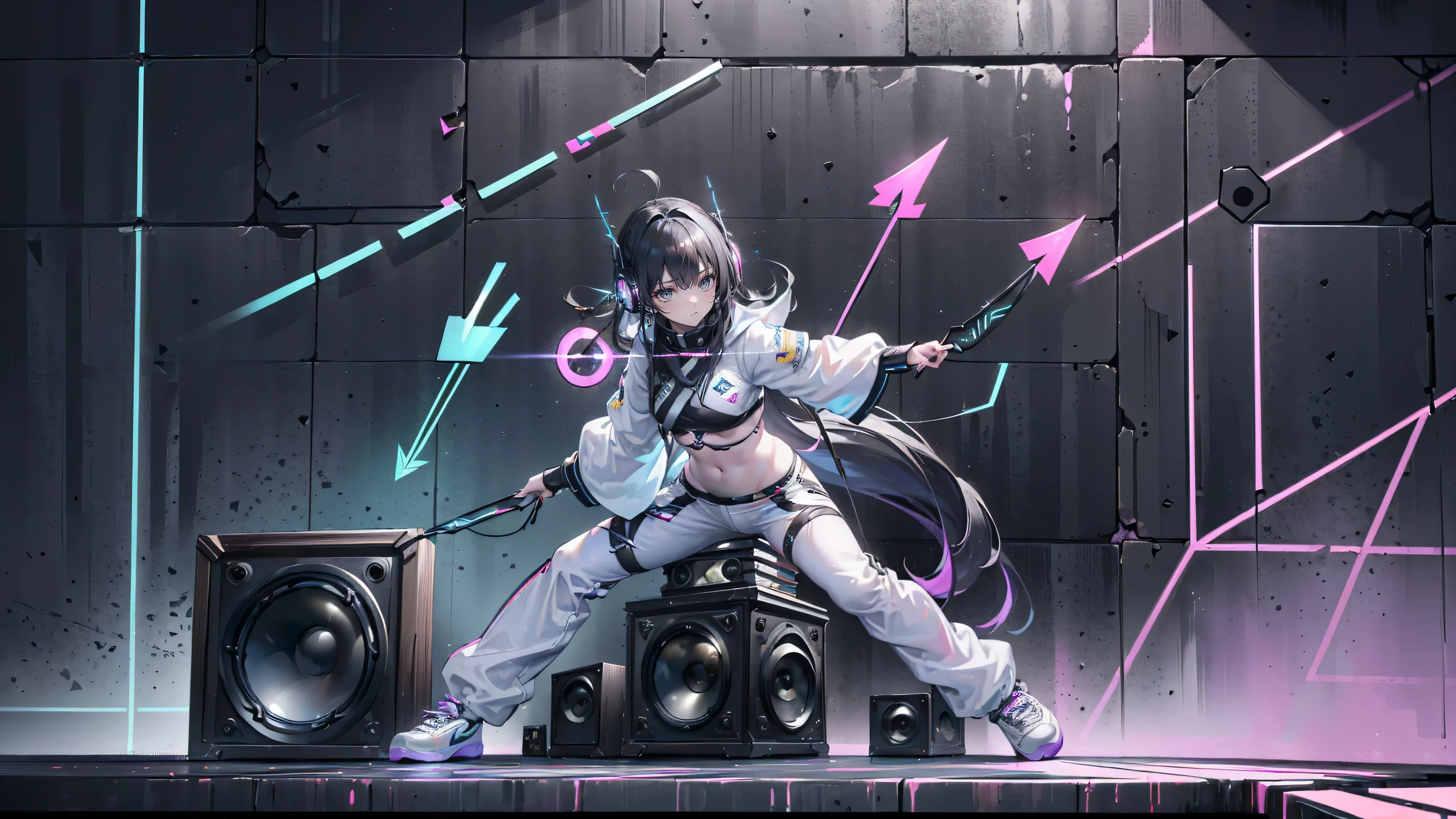 (8K, best quality: 1.4, on the table: 1.4, ultra high definition, highest resolution, Very detailed), professional lighting, gray light lighting, (single girl: 1.4), dance, Artistic jump, break dance, intense action, vitality, ((Colorful lights illuminate her)), (A series of colorful arrows and symbols are projected on the screen:1.6),  (There are many speakers stacked on the wall: 2),cyberpunk, strange、lively appearance、Playful accessories、creative act、full of imagination,autonomy、DJ Headphones, (Fluorescent dance floor:1.5), alone, flowing hair, beautiful woman, a small face, abdominal muscles, (Asymmetric bangs, black hair, Hair above one eye, messy long hair), Good at sports, white sneakers), (Fingers are thin and thin, detailed body, Detailed weapons, human hand), (Detailed face), low angle bottom, Popular venues