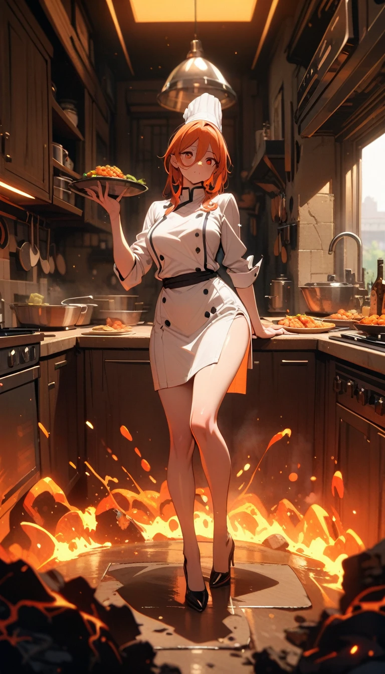 ((best quality)) , ((masterpiece)) , (detailed),1 female,(((magma))),kitchen,Female chef,High heel,((whole body))