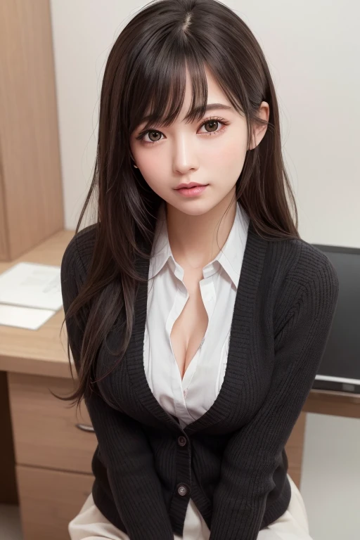 RAW Photos, Highest quality), (Realistic, photo-Realistic:1.3), masterpiece, Very delicate and beautiful, Very detailed, CG, Unity , 2k wallpaper, wonderful, In detail, A light smile, Very detailed CG Unity 8k wallpaper, Large file size, Very detailed, High resolution, Absurd, Soft Light, (((Medium Hair:1.3), Short bangs, Black Hair, Floating Hair )), Beautiful detailed girl, Detailed fingers, Very detailed eyes and face, Beautifully detailed nose, Beautiful attention to detail, Long eyelashes, Light on the face, View your viewers, (Mouth closed:1.2), One girl, cute, young, Mature Face, (whole body:1.3), ((Small breasts)), Realistic face, Realistic body, Beautiful thigh details, (Urzan-6500-v1.1:0.8), suit, Cross-strap clothing, Collared shirt, Open clothes, At work, Detailed office, Open cardigan, Black knee socks, mini skirt, Black underwear, Unbuttoned shirt,