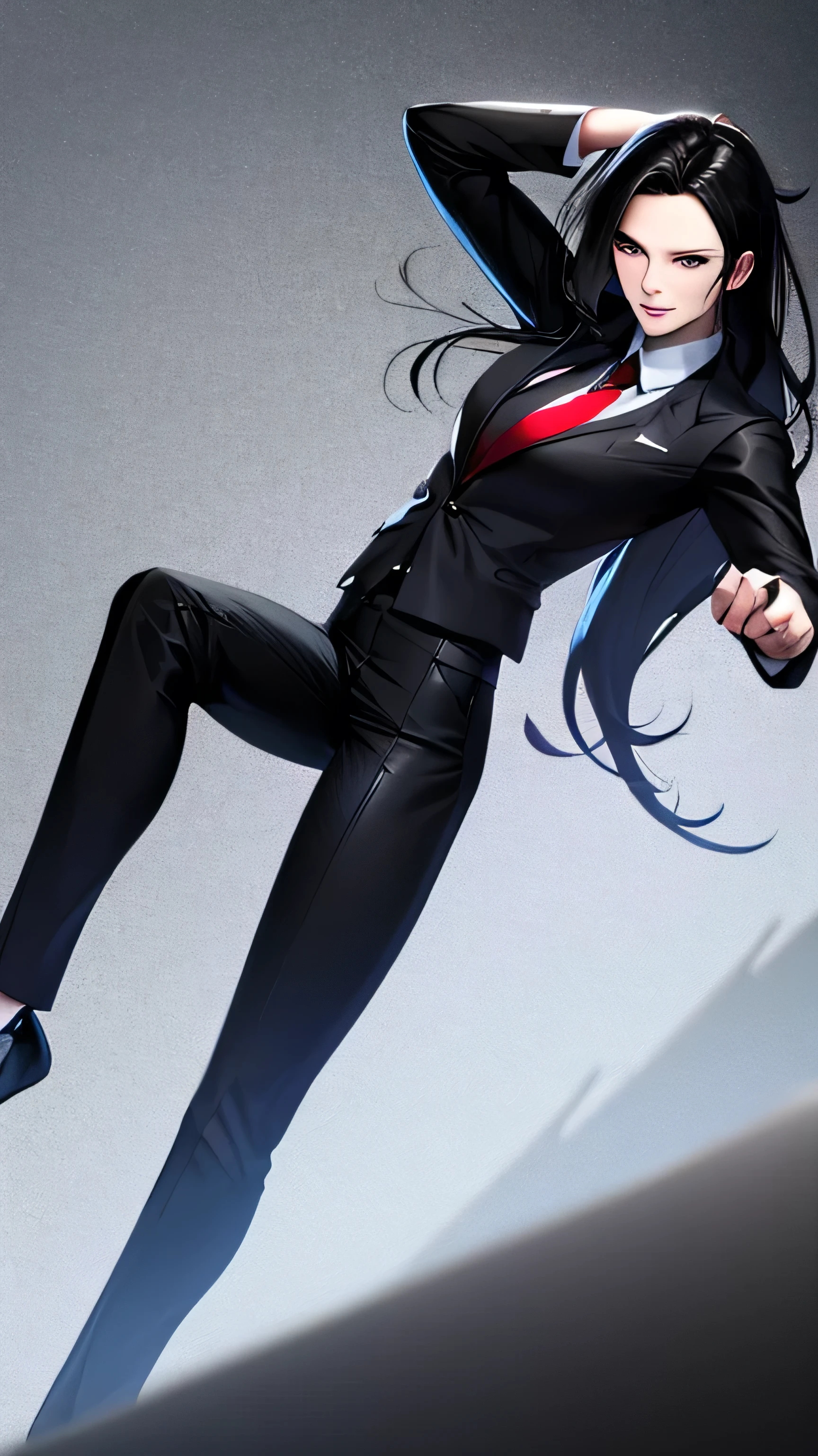 1 girl, 23 years old, long black hair, handsome face, business suit, red tie,long black pants, black leather gloves, boxing stance, punching,high quality, masterpiece