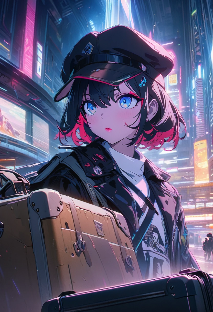 High resolution RAW color art, animation, Silver Marble Skin, (((Highly detailed elegant))), Magical atmosphere, Detailed skin, texture,(Exquisitely crafted, The finer details, Ultra-detailed art), Depth of written boundary, Silky Touch, Hyper Detail, Matte Drawing, Cobalt blue eyes, Elegant face,,Red eyeshadow,dior pink lips,Neon color,suitcase,Carry a backpack,The day of departure,Black jacket,White T-shirt,Short skirt,Wearing a cap,airport,airport8K,横を向いている大きな建物の中に帽子とsuitcaseを持ったアニメキャラクター, Anime Style 4 K, Digital Cyberpunk Anime Art, Modern cyberpunk anime, 最高のアニメ 4K , artstation pixivでトレンド, Anime Style. 8K, anime cyberpunk art, modern Anime Style, Digital Cyberpunk - Anime Art, 4Kアニメairport壁紙, Top rated on pixiv