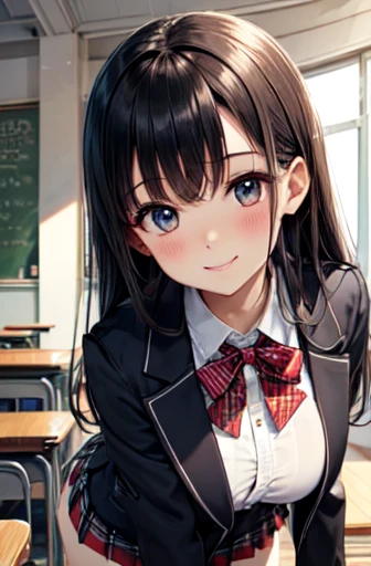 very cute and beautiful girl,(Very exquisite beautiful face and eyes),Blue Blazer Uniform,Cute ribbon,(Pleated check mini skirt), Are standing,(Skirt Lift,White panties),(smile),blush,View your viewers,Black Hair,long hair,Big Breasts,Wooden classroom, (Highest quality,masterpiece:1.0),Absurd,High resolution,Very detailed,Very detailed,32K,8k resolution, Intricate details,Movie Scenes,Detailed Background,alone,Dynamic Angle,Perfect hands,