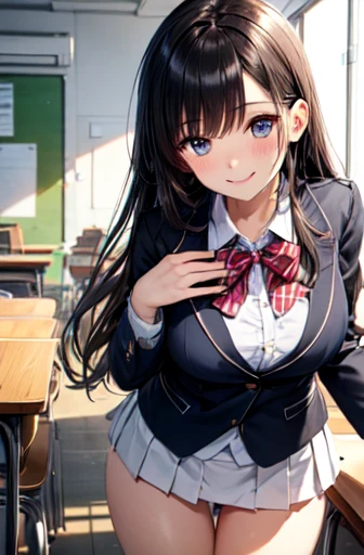 very cute and beautiful girl,(Very exquisite beautiful face and eyes),Blue Blazer Uniform,Cute ribbon,(Pleated check mini skirt), Are standing,(Skirt Lift,White panties),(smile),blush,View your viewers,Black Hair,long hair,Big Breasts,Wooden classroom, (Highest quality,masterpiece:1.0),Absurd,High resolution,Very detailed,Very detailed,32K,8k resolution, Intricate details,Movie Scenes,Detailed Background,alone,Dynamic Angle,Perfect hands,