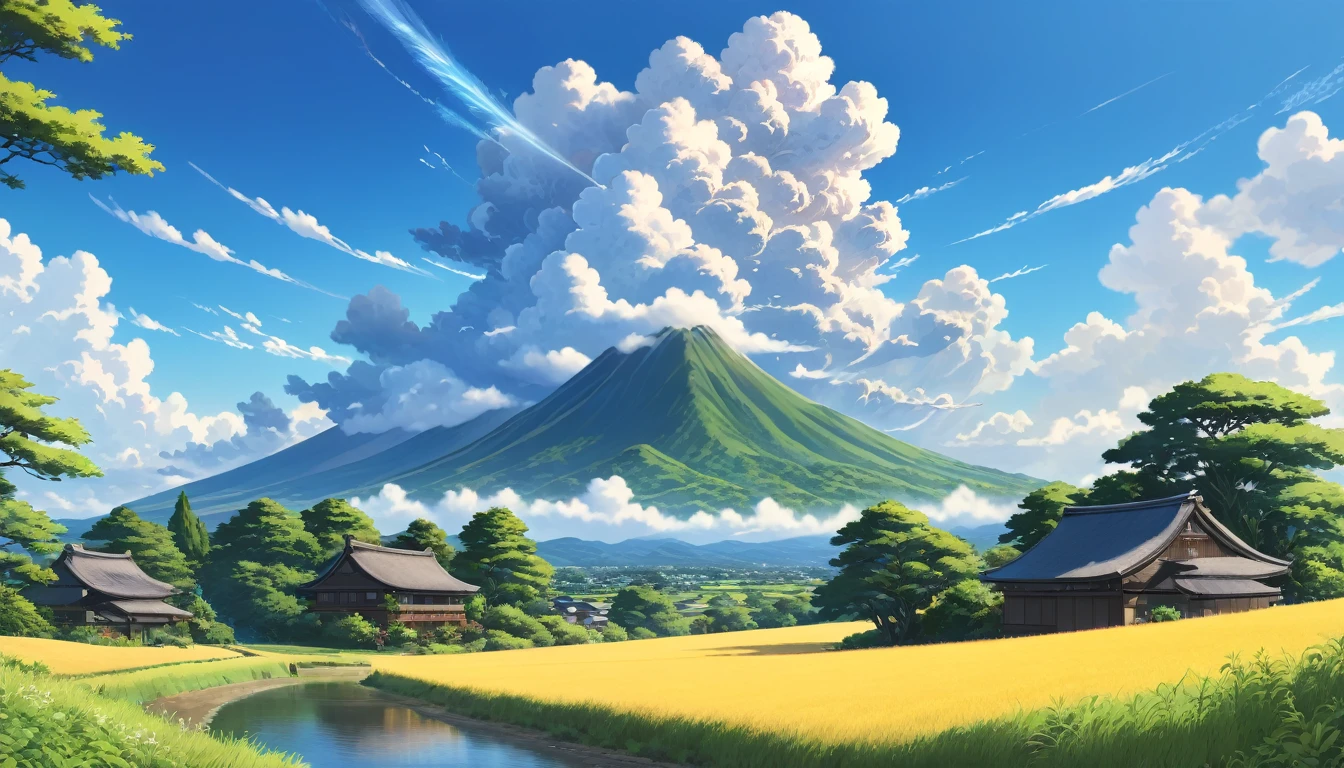 Japanese countryside,Midsummer,sunny,Daytime,cumulonimbus,Ghibli-style depiction,Highest quality, 8k, High resolution, masterpiece:1.2, Very detailed, Realistic:1.37, High resolution, 超High resolution, Very detailed, Professional, Vibrant colors