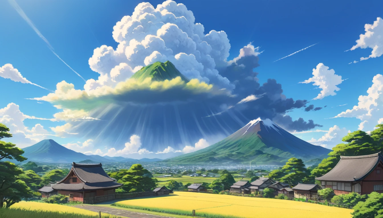 Japanese countryside,Midsummer,sunny,Daytime,cumulonimbus,Ghibli-style depiction,Highest quality, 8k, High resolution, masterpiece:1.2, Very detailed, Realistic:1.37, High resolution, 超High resolution, Very detailed, Professional, Vibrant colors