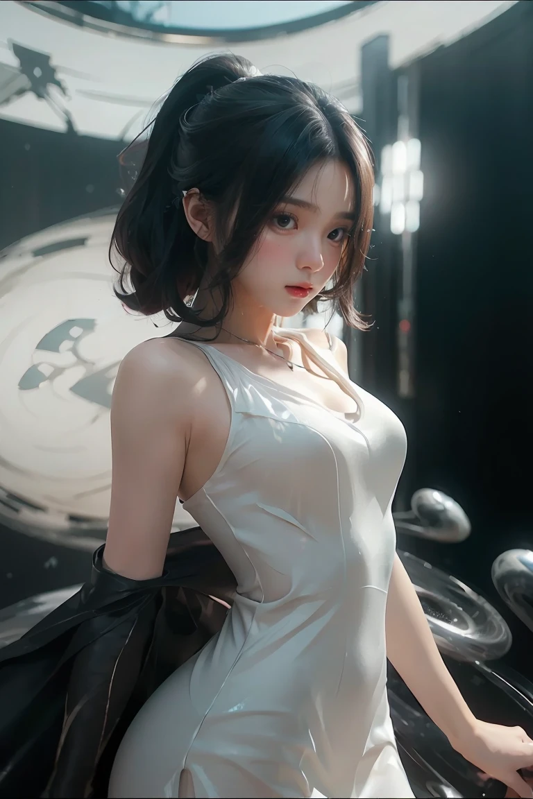 ((masterpiece, best quality)), ultra detailed 8k, photorealistic, sharp focus, highly detailed, professional lighting , shadowmancer, photo of a woman, ink particle, ((swirling black ink floating around)), futuristic fantasy, futuristic white dress, dynamic pose, realistic, masterpiece, intricate details, detailed background, depth of field,